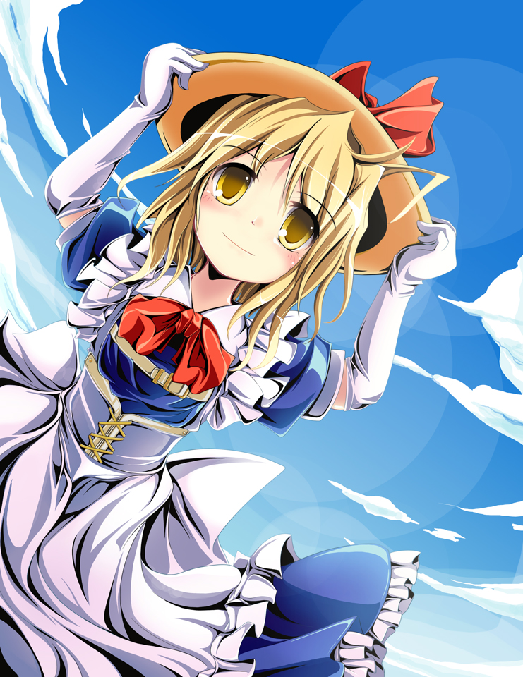 ichirino minagi, kana anaberal, poltergeist, phantasmagoria of dim.dream, touhou, touhou (pc-98), 1girl, belt, blonde hair, blush, bow, cloud, corset, day, dress, elbow gloves, female focus, gloves, hat, outdoors, ribbon, short hair, sky, smile, solo, yellow eyes