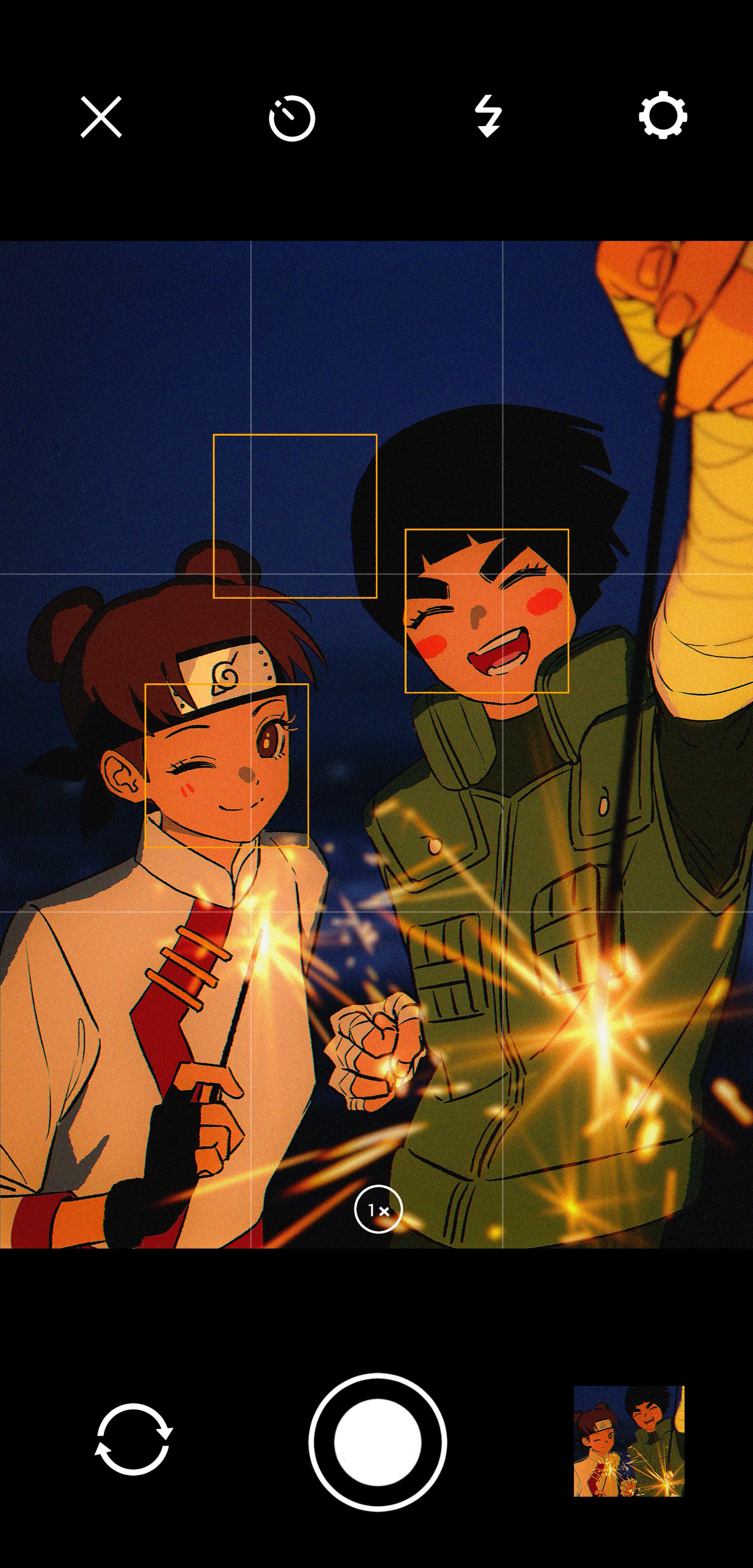 rock lee, tenten (naruto), naruto (series), naruto shippuuden, absurdres, highres, 1boy, 1girl, ;), bandaged arm, bandages, black gloves, black hair, blush, blush stickers, bowl cut, brown hair, clenched hand, closed eyes, closed mouth, double bun, fake phone screenshot, fake screenshot, fingerless gloves, fireworks, flak jacket, forehead protector, gloves, hair bun, headband, holding, holding fireworks, jacket, konohagakure symbol, long sleeves, looking at viewer, m0 mo momo, one eye closed, shirt, short hair, smile, sparkler, teeth, thick eyebrows, upper body, white shirt