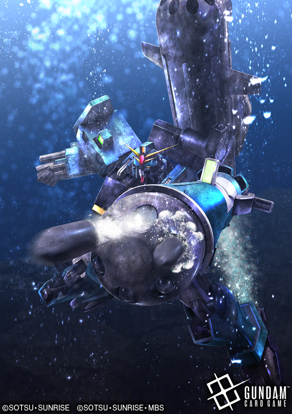 igaraigara, gundam leopard, after war gundam x, gundam, gundam card game, commentary request, official art, company name, copyright logo, copyright name, copyright notice, firing, gatling gun, logo, mecha, mecha focus, missile, mobile suit, no humans, robot, science fiction, solo, underwater, v-fin, yellow eyes