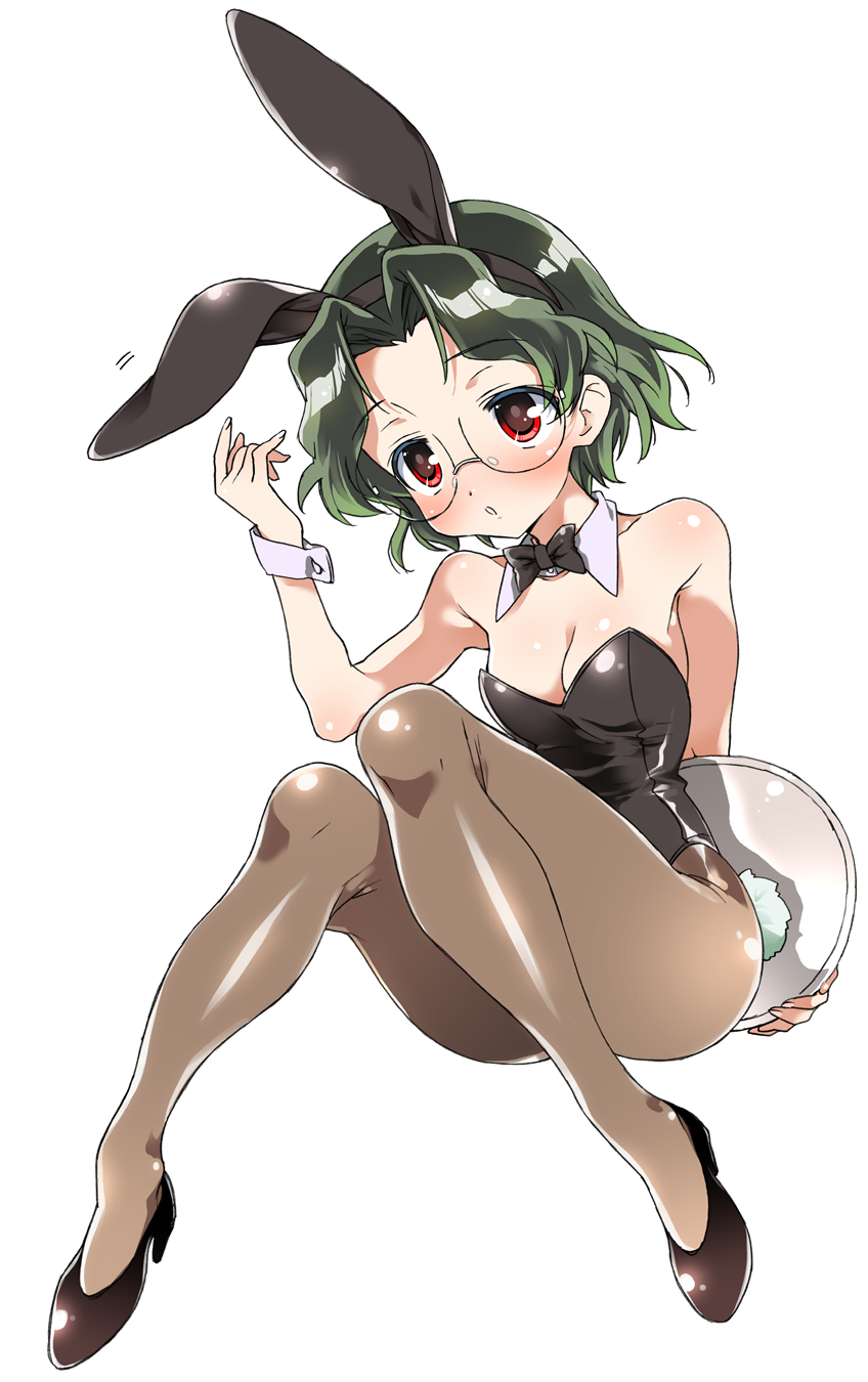 kasuga souichi, someya mako, saki (manga), bad id, bad pixiv id, highres, 00s, 1girl, animal ears, blush, breasts, cleavage, detached collar, fake animal ears, female focus, glasses, green hair, pantyhose, playboy bunny, rabbit ears, rabbit tail, red eyes, short hair, small breasts, solo, tail, tray