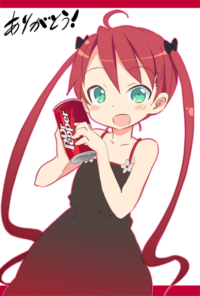 kishiri toworu, miyao ryuu, dr pepper-tan, dr pepper, 1girl, blush, can, child, dress, drink can, female focus, green eyes, long hair, product girl, red hair, soda can, solo, twintails