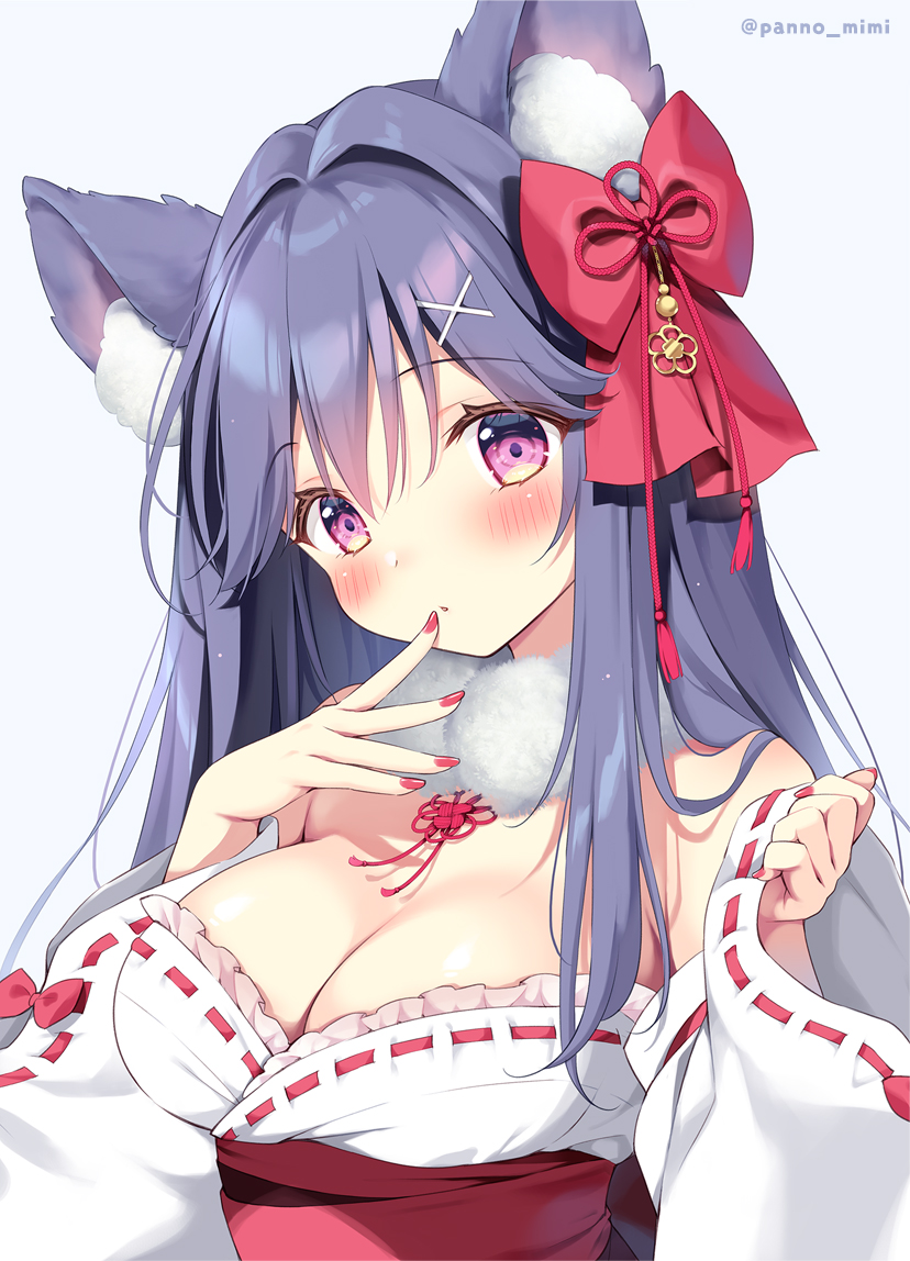 pan (mimi), uta-chan (pan (mimi)), original, commentary request, 1girl, animal ear fluff, animal ears, blush, bow, breasts, cleavage, detached sleeves, grey background, hair between eyes, hair bow, hair intakes, hair ornament, hands up, head tilt, kemonomimi mode, long hair, long sleeves, looking at viewer, medium breasts, nail polish, parted lips, pinching sleeves, purple eyes, purple hair, red bow, red nails, ribbon-trimmed sleeves, ribbon trim, simple background, sleeves past wrists, solo, twitter username, upper body, very long hair, white sleeves, wide sleeves, x hair ornament