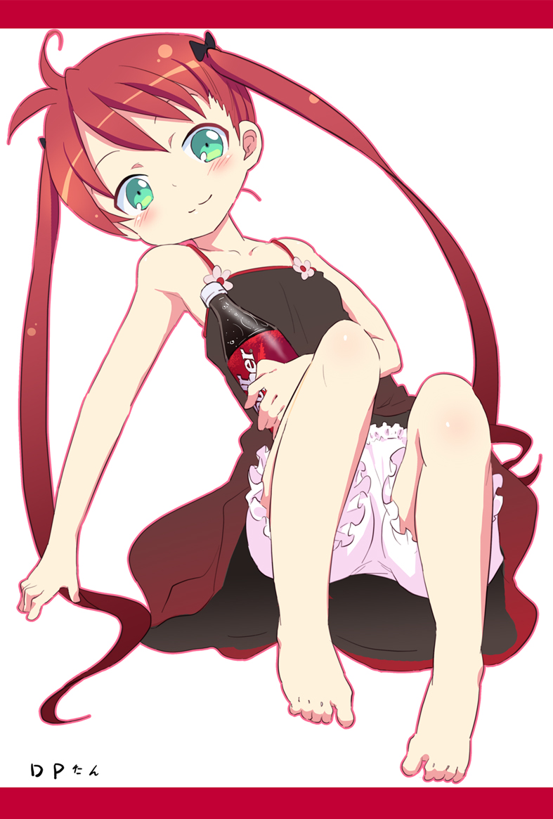 kishiri toworu, miyao ryuu, dr pepper-tan, dr pepper, 1girl, :3, barefoot, bloomers, blush, can, child, dress, drink can, feet, female focus, green eyes, long hair, red hair, smile, soda can, solo, spread toes, toes, twintails, underwear