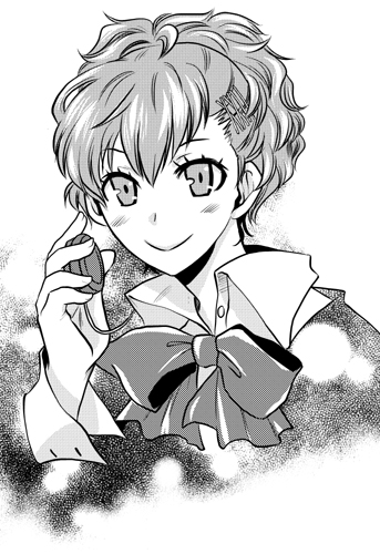 shinabita nasubi, shiomi kotone, atlus, persona, persona 3, persona 3 portable, bad id, bad pixiv id, lowres, 1girl, blush, bow, female focus, greyscale, headphones, monochrome, school uniform, short hair, smile, solo