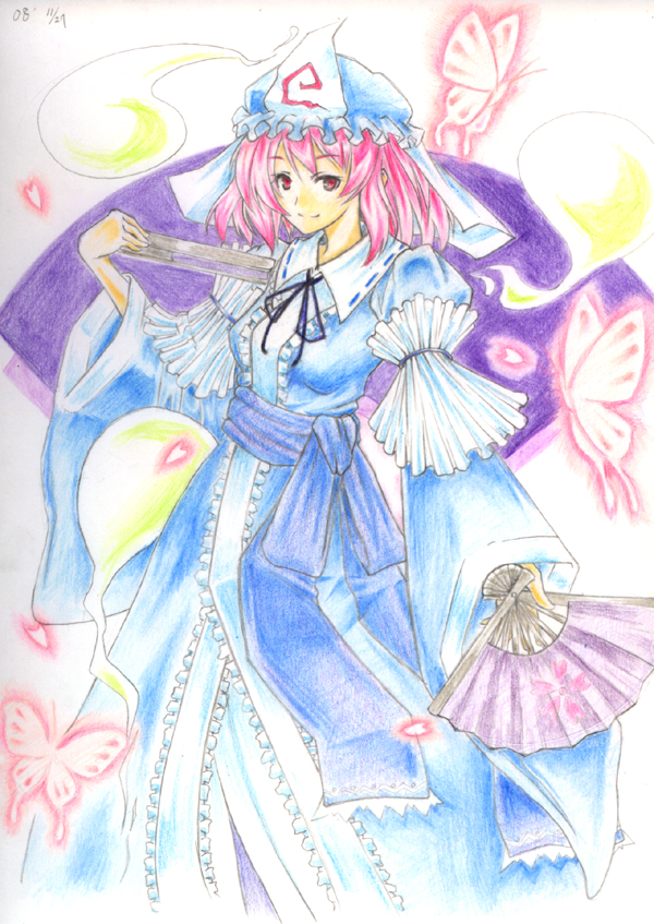retsuna, saigyouji yuyuko, touhou, bad id, bad pixiv id, traditional media, 1girl, bug, butterfly, female focus, folded fan, folding fan, ghost, hand fan, hat, japanese clothes, pink hair, solo