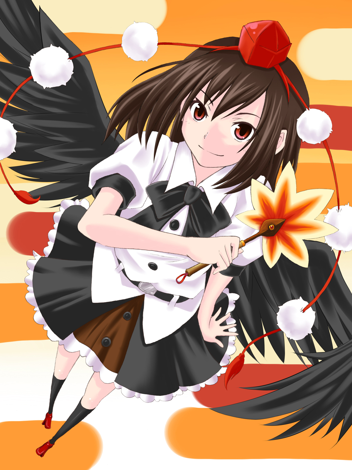 retsuna, shameimaru aya, touhou, highres, 1girl, black wings, bow, bowtie, female focus, geta, hand fan, hat, high heels, holding, holding fan, looking at viewer, school uniform, skirt, solo, tengu-geta, wand, wings
