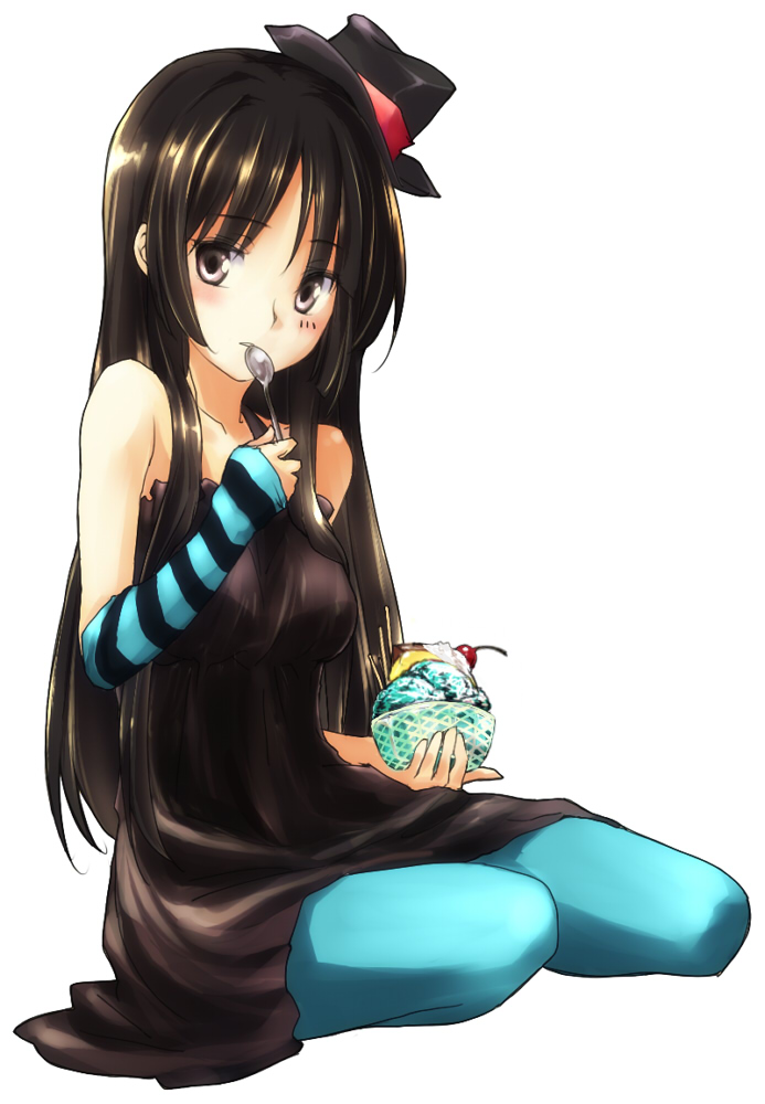 dorago, akiyama mio, don't say "lazy", k-on!, bad id, bad pixiv id, 00s, 1girl, aqua pantyhose, black eyes, black hair, blue pantyhose, blush, dress, eating, female focus, food, hat, ice cream, kneeling, long hair, pantyhose, simple background, sitting, solo, spoon, top hat