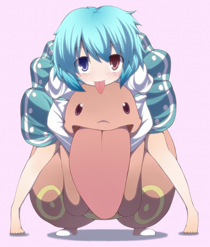 kuromiya, lickitung, tatara kogasa, nintendo, pokemon, touhou, 1girl, :p, barefoot, crossover, gen 1 pokemon, heterochromia, hug, pokemon (creature), tongue, tongue out