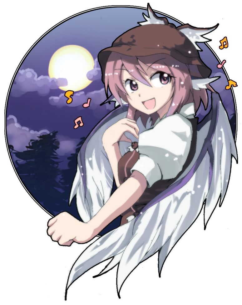 h@ll, mystia lorelei, touhou, bad id, bad pixiv id, colorized, 1girl, animal ears, cloud, female focus, full moon, happy, moon, music, musical note, night, open mouth, outside border, pink eyes, pink hair, portrait, singing, sky, smile, solo, wings