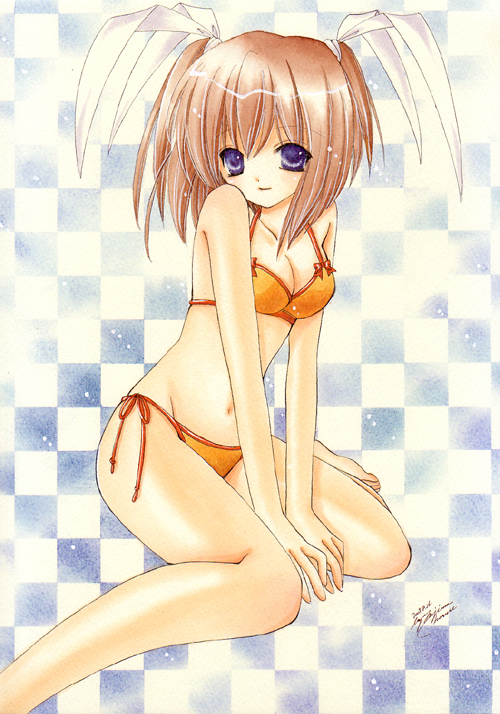 asapon, aizawa tomomi, pia carrot (series), pia carrot e youkoso!!, pia carrot e youkoso!! 3, traditional media, 1990s (style), 1girl, barefoot, bikini, brown hair, checkered background, female focus, kneeling, orange bikini, purple eyes, retro artstyle, short hair, side-tie bikini bottom, signature, sitting, solo, swimsuit, twintails, v arms, wariza