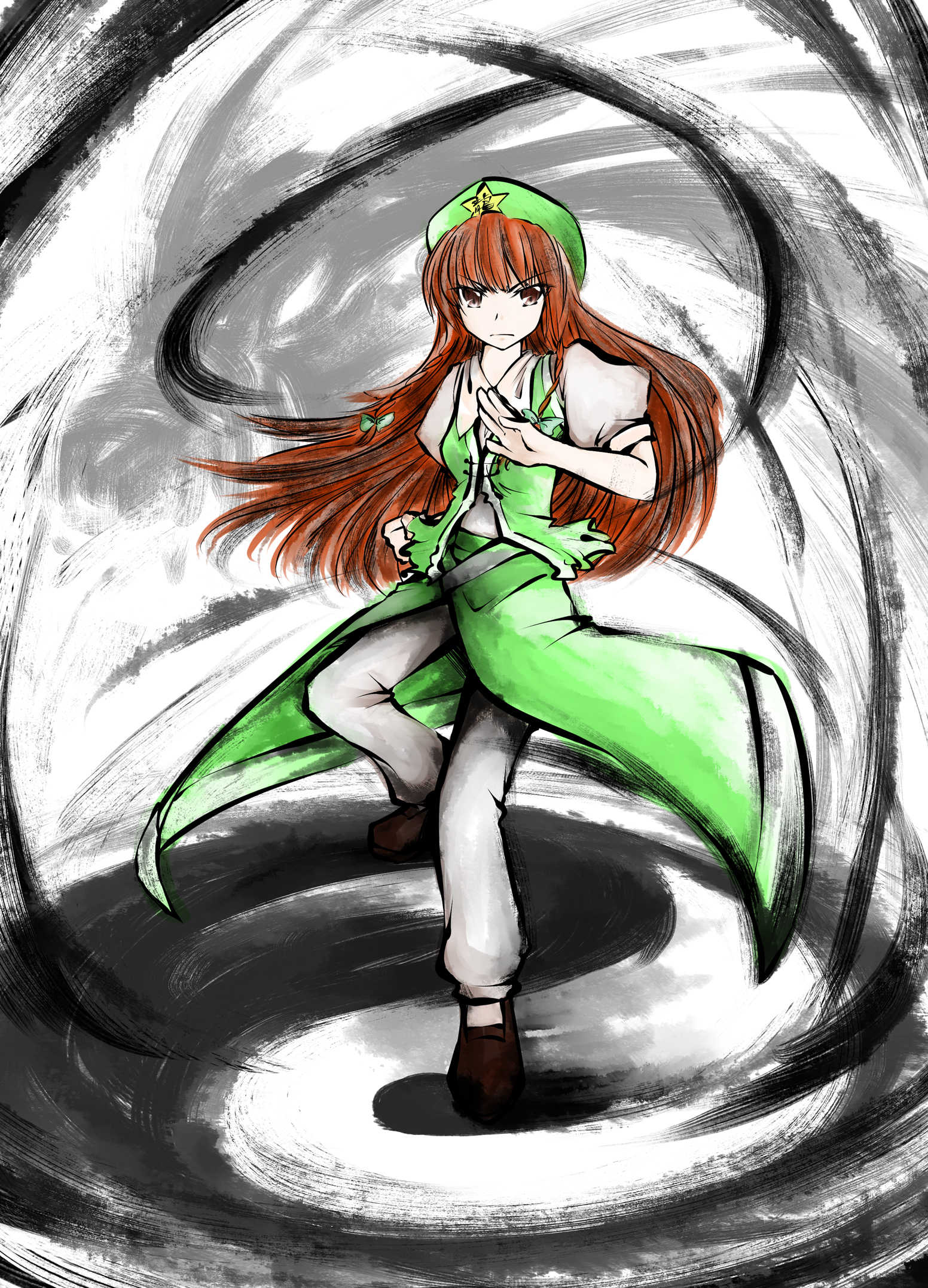 milksea, hong meiling, immaterial and missing power, touhou, bad id, bad pixiv id, highres, 1girl, brown eyes, brown hair, female focus, full body, hat, long hair, solo, yin yang
