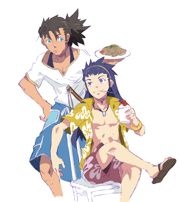 raven (tales), raven (that summer guy) (tales), yuri lowell, yuri lowell (aloha boy), tales of (series), tales of vesperia, 00s, 2boys, alternate costume, black hair, blue eyes, blue male swimwear, blue swim trunks, food, hairband, hawaiian shirt, jewelry, long hair, male focus, male swimwear, multiple boys, necklace, official alternate costume, ponytail, print male swimwear, print swim trunks, print swimsuit, red male swimwear, red swim trunks, shirt, swim trunks, swimsuit, white background