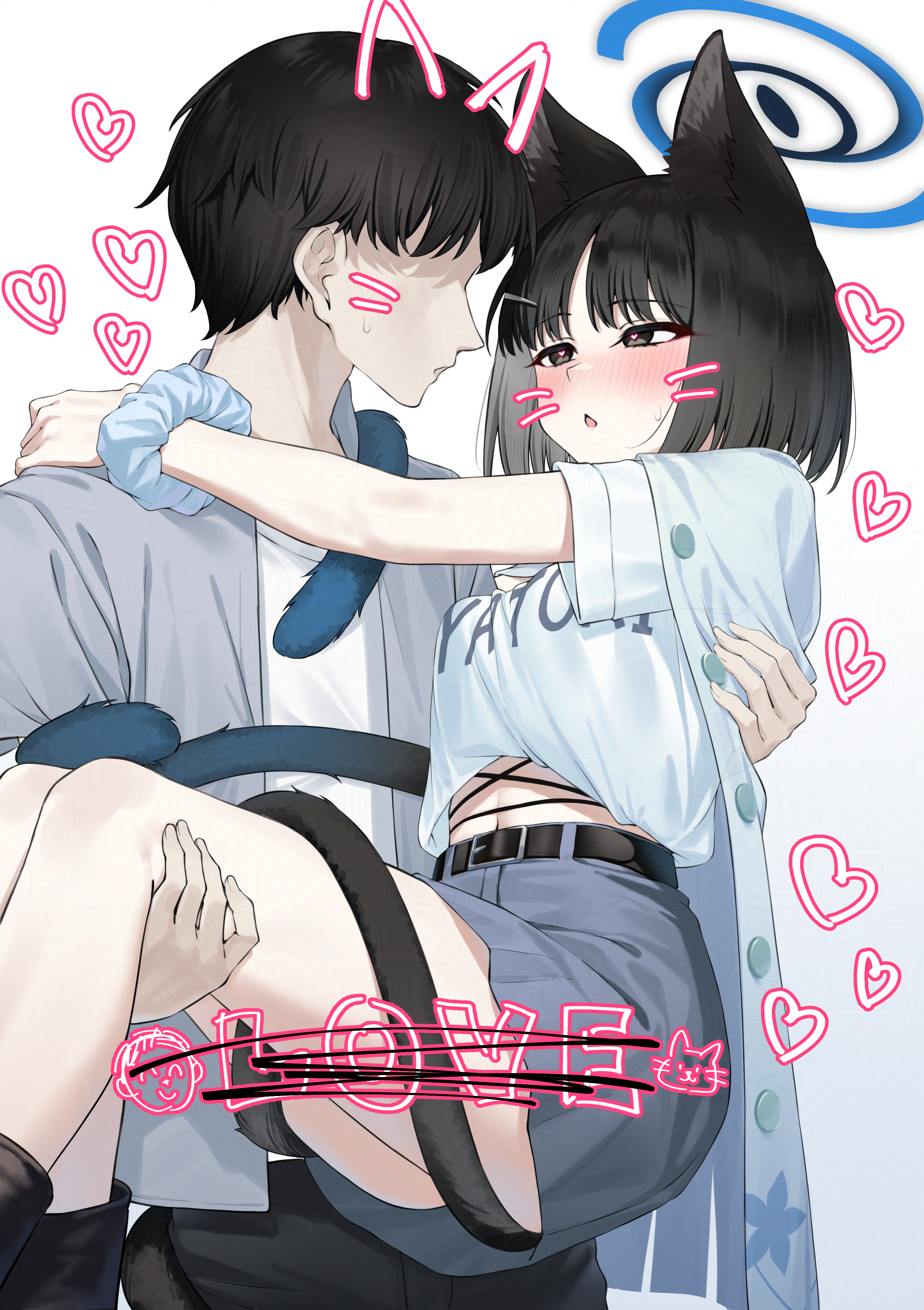pizza (pizzania company), kikyou (blue archive), blue archive, absurdres, commentary request, highres, 1boy, 1girl, alternate costume, animal ears, black eyes, black hair, black pants, blue halo, blush, carrying, casual, cat ears, cat girl, cat tail, drawn ears, drawn whiskers, grey jacket, grey skirt, halo, heart, heart-shaped pupils, jacket, looking at another, multiple tails, no eyes, open mouth, pants, parted bangs, princess carry, shirt, short hair, short sleeves, skirt, symbol-shaped pupils, t-shirt, tail, tail around own leg, tail wrap, two tails, white shirt