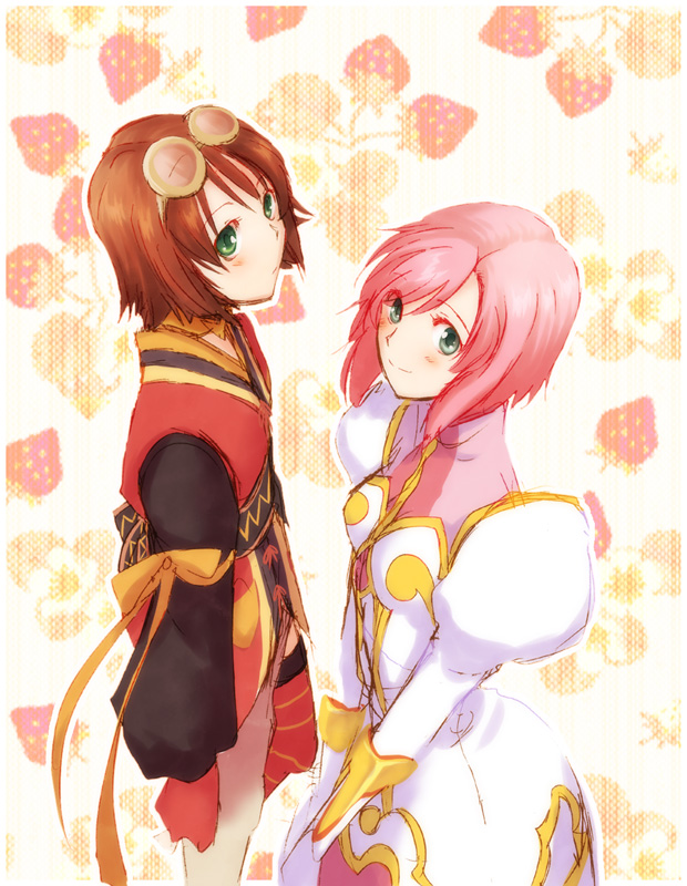 sakazakimay, estellise sidos heurassein, rita mordio, tales of (series), tales of vesperia, bad id, bad pixiv id, 00s, 2girls, blush, bob cut, breasts, brown hair, flat chest, food, fruit, gloves, goggles, goggles on head, green eyes, looking at viewer, multiple girls, pink hair, ribbon, short hair, small breasts, smile, strawberry, thighhighs, v arms