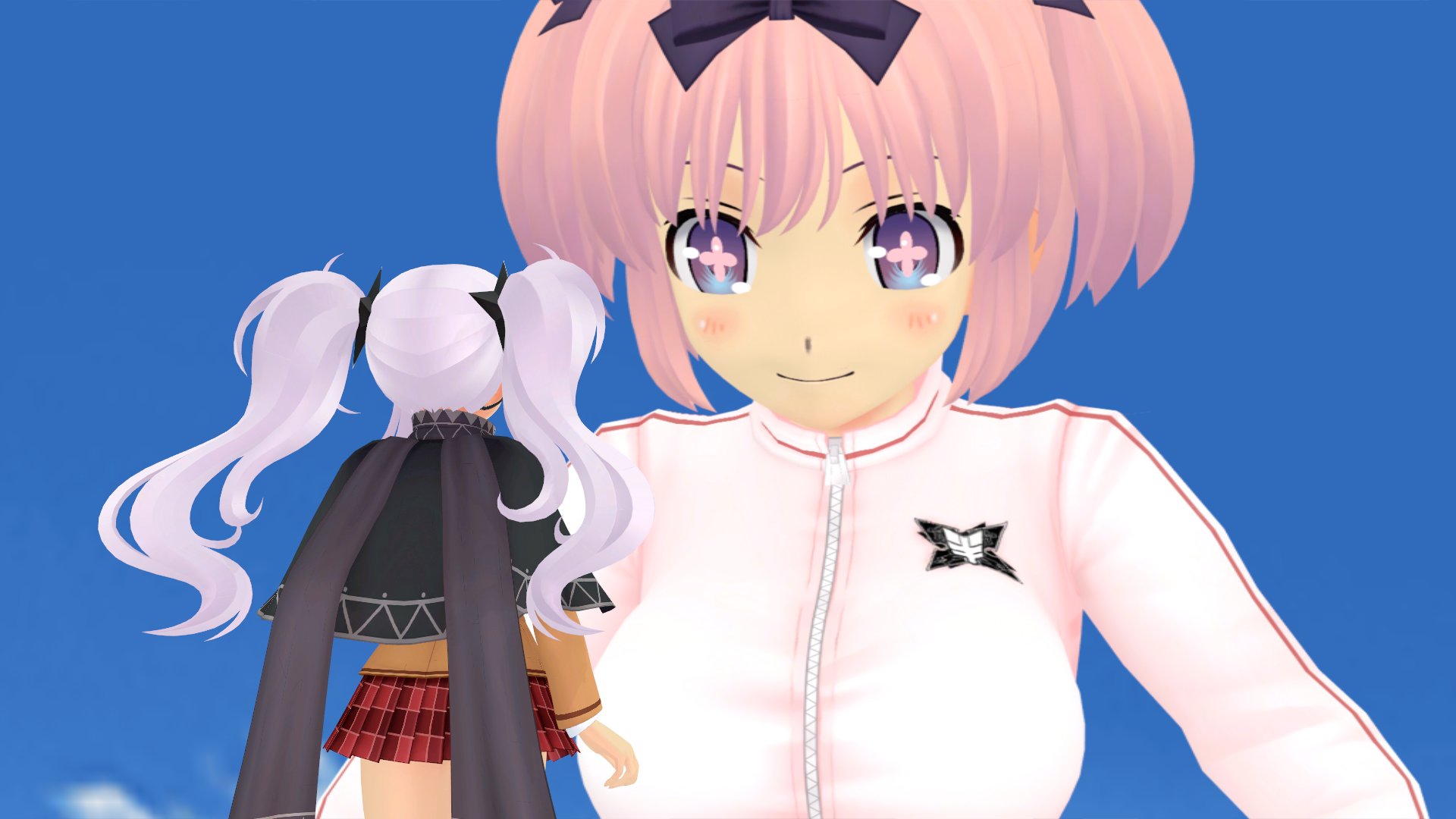 hibari (senran kagura), yagyu (senran kagura), senran kagura, tomodachi life, tomodachi life: living the dream, commentary, english commentary, highres, 2girls, 3d, black ribbon, blue sky, breasts, day, did you want to talk? (meme), flybytails, giant, giantess, jacket, large breasts, meme, multiple girls, outdoors, pink hair, purple hair, ribbon, short hair, size difference, skirt, sky, track jacket, twintails