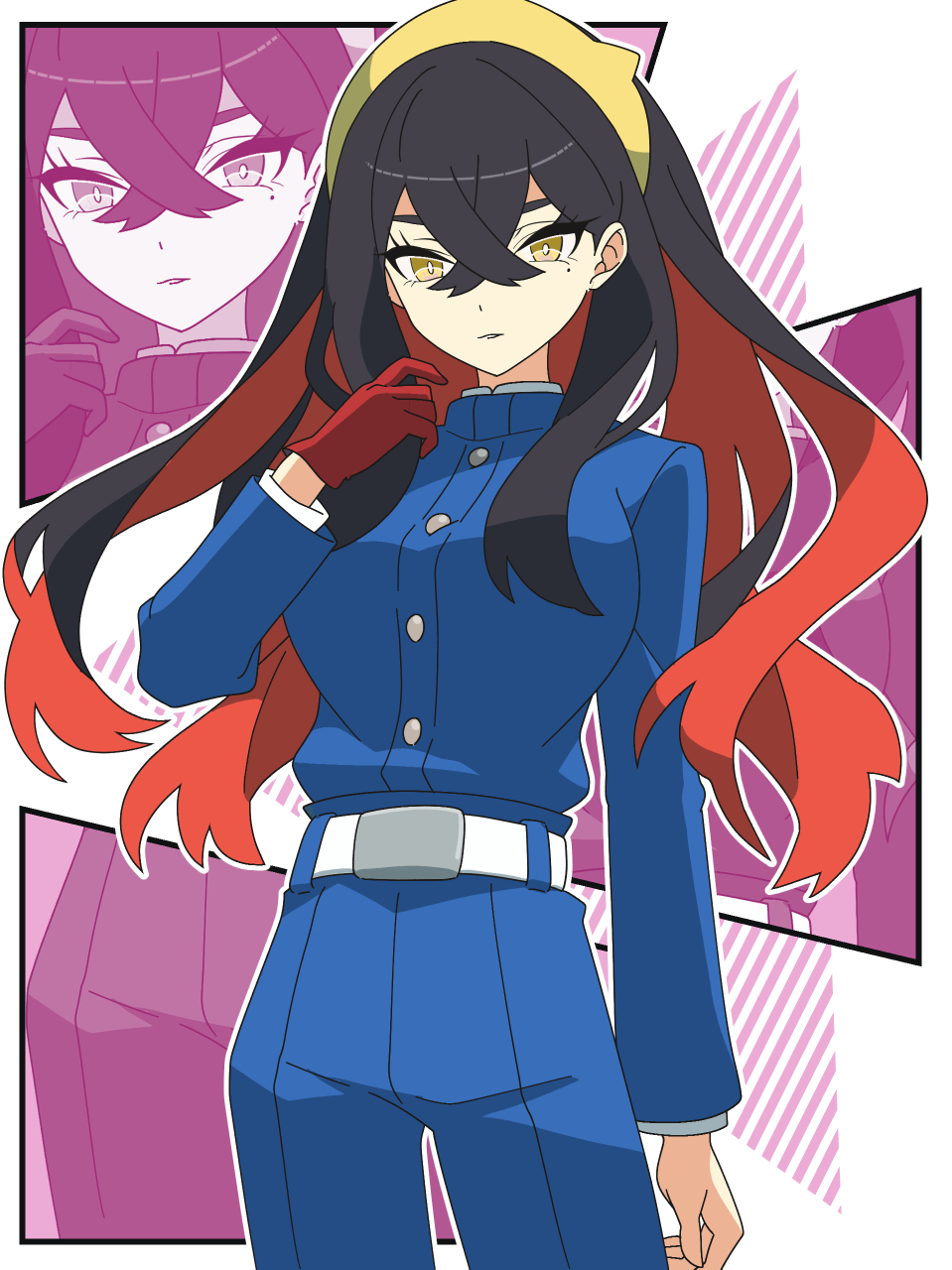 kanbei (pixiv11037490), carmine (pokemon), nintendo, pokemon, pokemon sv, highres, 1girl, black hair, blue gakuran, blue jacket, blue pants, closed mouth, colored inner hair, crossed bangs, gloves, hair between eyes, hairband, jacket, long hair, long sleeves, mole, mole under eye, multicolored hair, pants, red gloves, red hair, single glove, two-tone hair, yellow eyes, yellow hairband, zoom layer