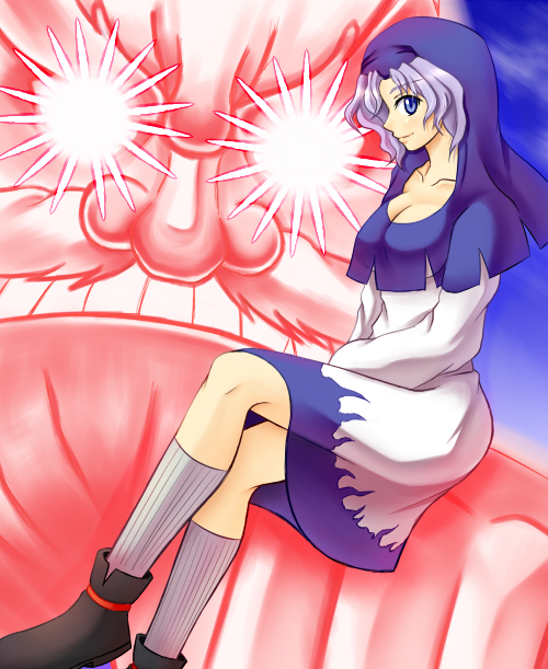 qontamblue, kumoi ichirin, unzan, touhou, bad id, bad pixiv id, 1boy, 1girl, blue eyes, blue hair, dress, glowing, glowing eyes, hood, profile, shoes, sitting, sky, smile, socks