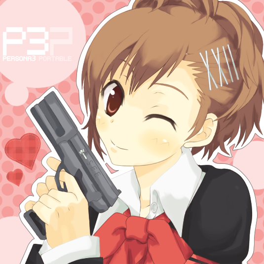 kurona (huyu-mix), shiomi kotone, atlus, persona, persona 3, persona 3 portable, bad id, bad pixiv id, bow, brown eyes, brown hair, gun, head tilt, one eye closed, school uniform, short hair, smile, solo, weapon, wink