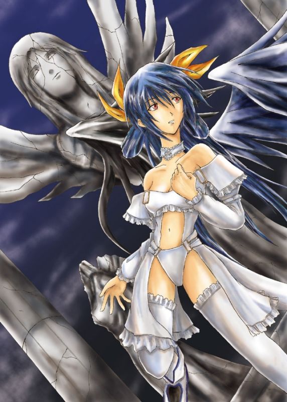 dizzy (guilty gear), arc system works, guilty gear, guilty gear x, guilty gear xx, 1girl, alternate color, asymmetrical wings, blue hair, choker, dress, red eyes, ruins, statue, white dress, wings