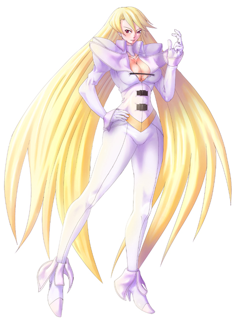 mildred avallone, aq interactive, arcana heart, atlus, examu, 1girl, blonde hair, breasts, cleavage, dress, female focus, full body, long hair, looking at viewer, simple background, solo, standing, white background, white dress