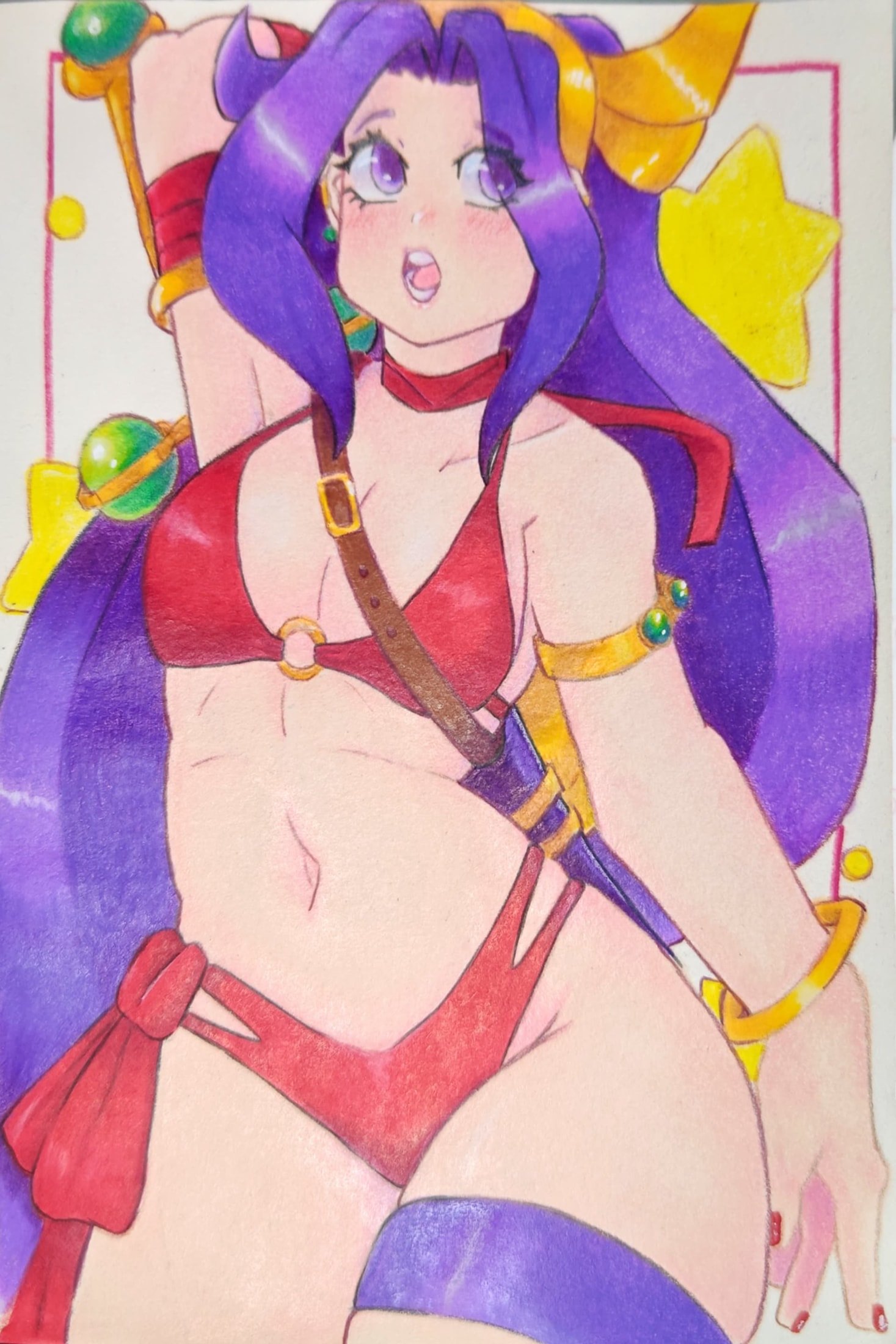 asamiya athena, princess athena, snk heroines: tag team frenzy, the king of fighters, 1girl, bikini, breasts, curvy, female focus, gold, hairband, large breasts, mrstardust6, open mouth, pale skin, panties, purple eyes, purple hair, red panties, swimsuit, thick thighs, thighs, underwear, wide hips