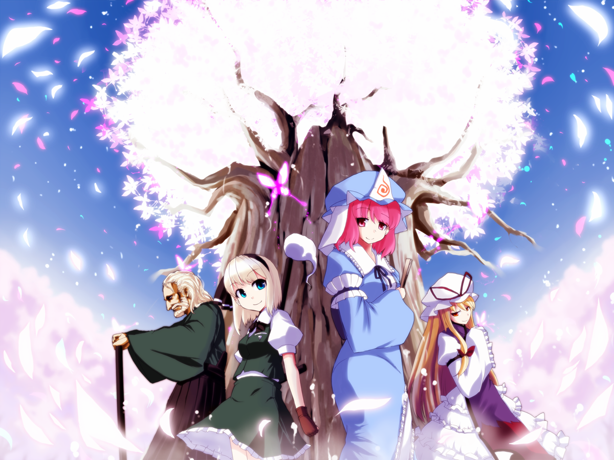oyaji-sou, konpaku youki, konpaku youmu, konpaku youmu (ghost), saigyou ayakashi, saigyouji yuyuko, yakumo yukari, touhou, bad id, bad pixiv id, 1boy, 3girls, blonde hair, blue eyes, bug, butterfly, cherry blossoms, dress, fingerless gloves, folding fan, gloves, hand fan, hat, japanese clothes, multiple girls, petals, pink eyes, pink hair, red eyes, smile, white hair, wide sleeves