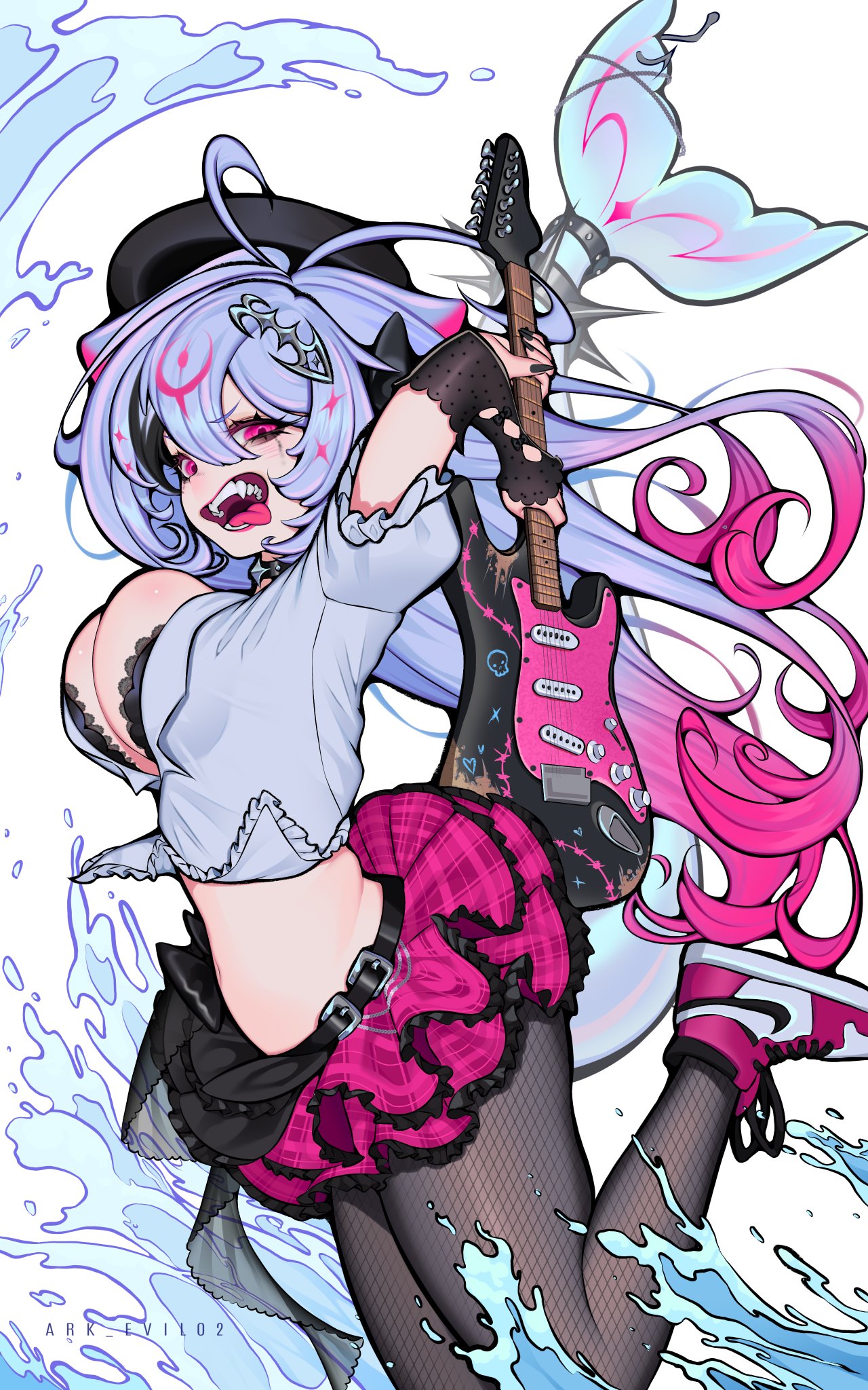 ark evil02, bao the whale, bao the whale (rock star), indie virtual youtuber, highres, 1girl, black hat, black skirt, blue hair, cetacean tail, fangs, fingerless gloves, fins, fish tail, fishnet pantyhose, fishnets, frilled shirt, frills, gloves, gradient hair, guitar, hat, holding, holding guitar, holding instrument, instrument, long hair, looking at viewer, multicolored hair, navel, pantyhose, partially open shirt, pink eyes, pink hair, pink shoes, pink skirt, shirt, shoes, skirt, splashing, tail, tongue, tongue out, two-tone skirt, very long hair, virtual youtuber, water, whale girl, white shirt