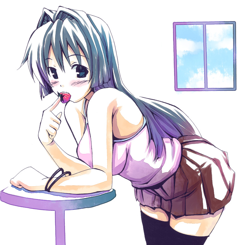 wadapen, minase nayuki, kanon, 1girl, bent over, blue eyes, blue hair, camisole, casual, female focus, food, fruit, long hair, matching hair/eyes, pleated skirt, skirt, solo, strawberry, thighhighs, zettai ryouiki