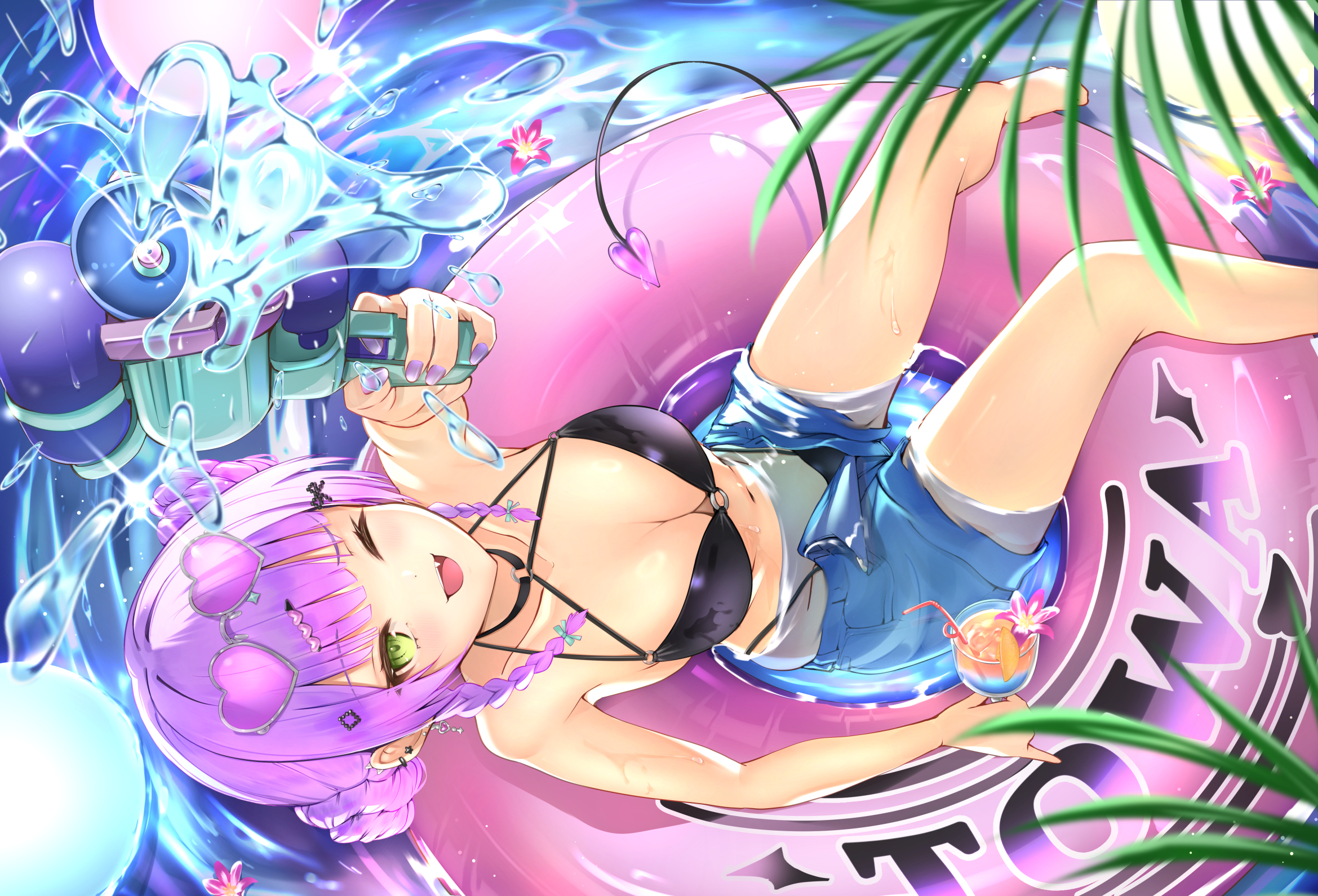 syukuri works, tokoyami towa, hololive, highres, 1girl, afloat, bare shoulders, bikini, bikini bottom under shorts, bikini under clothes, black bikini, blue shorts, braid, breasts, character name, cup, double bun, drink, ear piercing, eyewear on head, fang, green eyes, hair bun, heart, heart-shaped eyewear, holding, holding cup, holding drink, holding water gun, innertube, looking at viewer, multicolored hair, navel, o-ring, o-ring bikini, o-ring top, one eye closed, piercing, pink hair, purple hair, shorts, solo, stomach, swim ring, swimsuit, twin braids, virtual youtuber, water, water gun