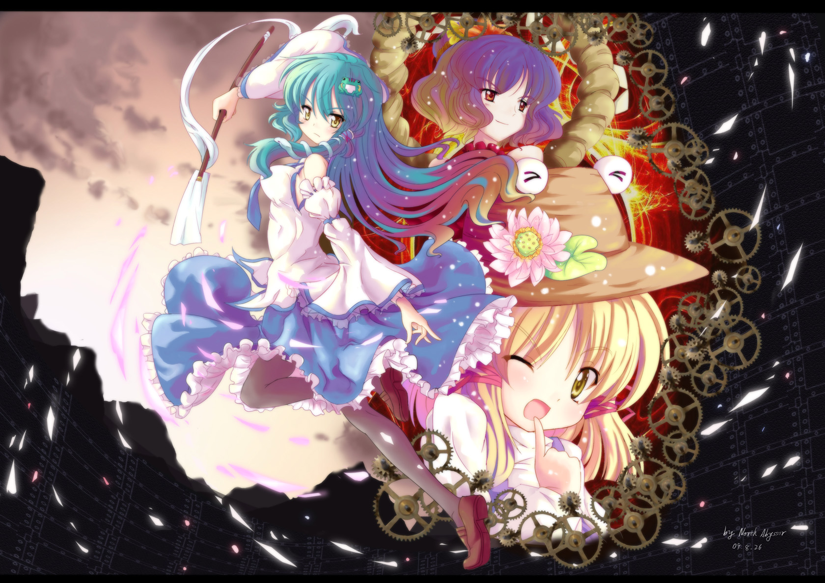 north abyssor, kochiya sanae, moriya suwako, yasaka kanako, touhou, highres, > <, 3girls, ;d, alternate hair color, blonde hair, brown hair, closed eyes, detached sleeves, female focus, finger to mouth, flower, frilled skirt, frills, frog, frog hair ornament, gears, gradient hair, green hair, hair ornament, hat, letterboxed, multicolored hair, multiple girls, one eye closed, open mouth, purple hair, red eyes, skirt, smile, snake, snake hair ornament, wink, yellow eyes