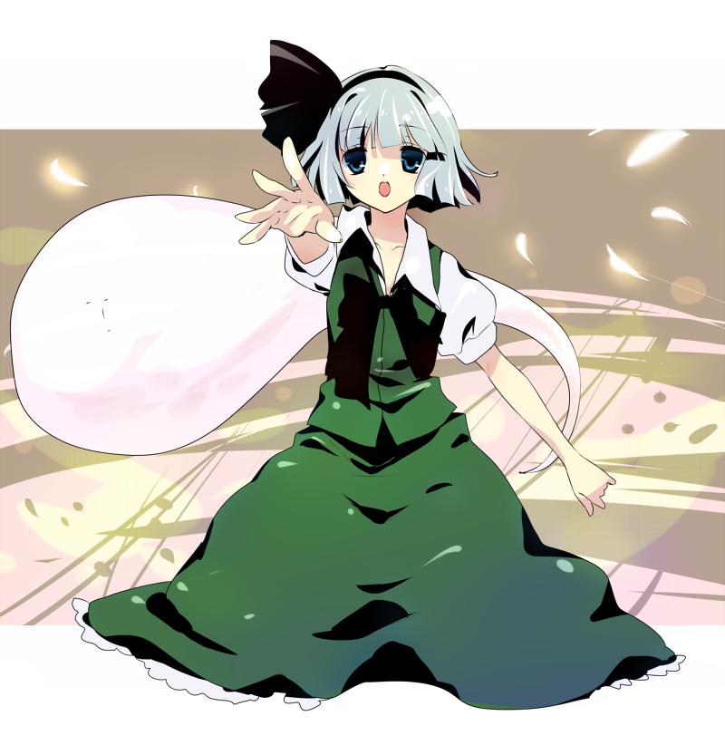 tokira nozumi, konpaku youmu, konpaku youmu (ghost), touhou, silver hair, 1girl, blue eyes, female focus, hitodama, outstretched arm, outstretched hand, reaching, short hair, solo