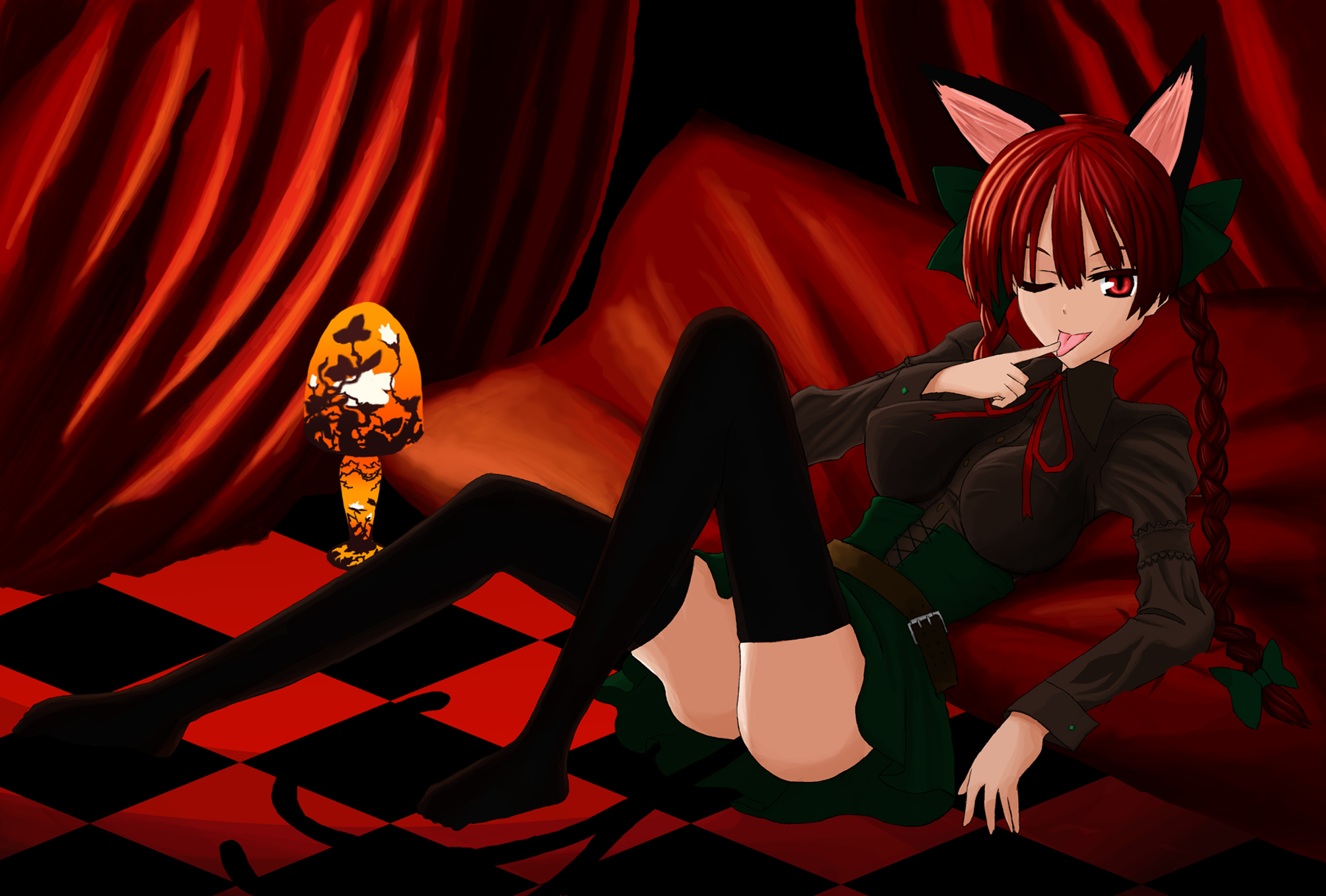 sourouhoukeisotin, kaenbyou rin, touhou, highres, 1girl, animal ears, braid, cat ears, cat girl, cat tail, female focus, red eyes, red hair, solo, tail, thighhighs, twin braids, twintails