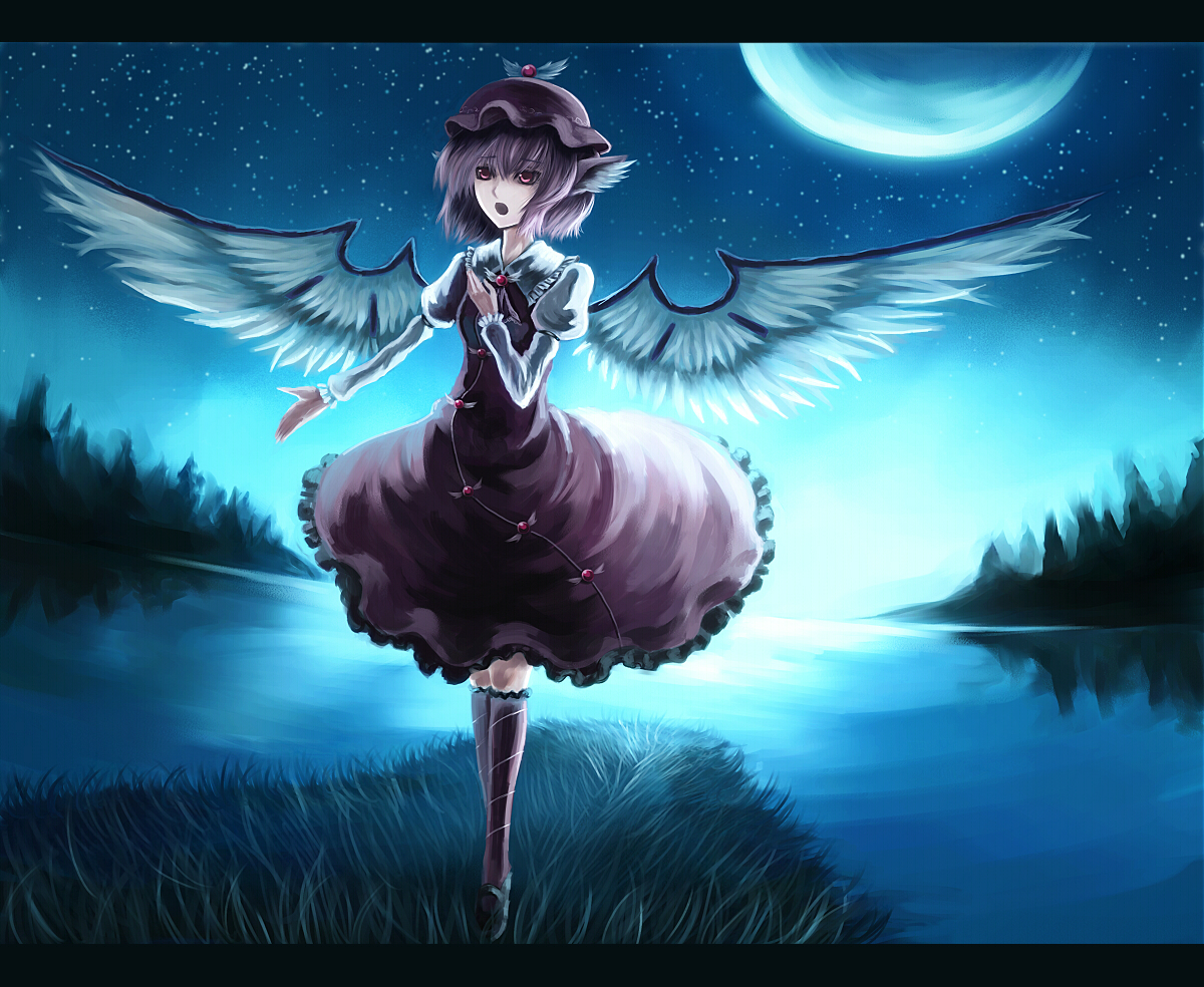 parsley-f, mystia lorelei, touhou, bad id, bad pixiv id, 1girl, :o, animal ears, arm garter, dress, female focus, forest, full moon, grass, hand on own chest, hat, kneehighs, lake, letterboxed, long sleeves, moon, moonlight, music, nature, night, night sky, open mouth, pink eyes, pink hair, puffy sleeves, shoes, short hair, singing, sky, socks, solo, tree, water, wings