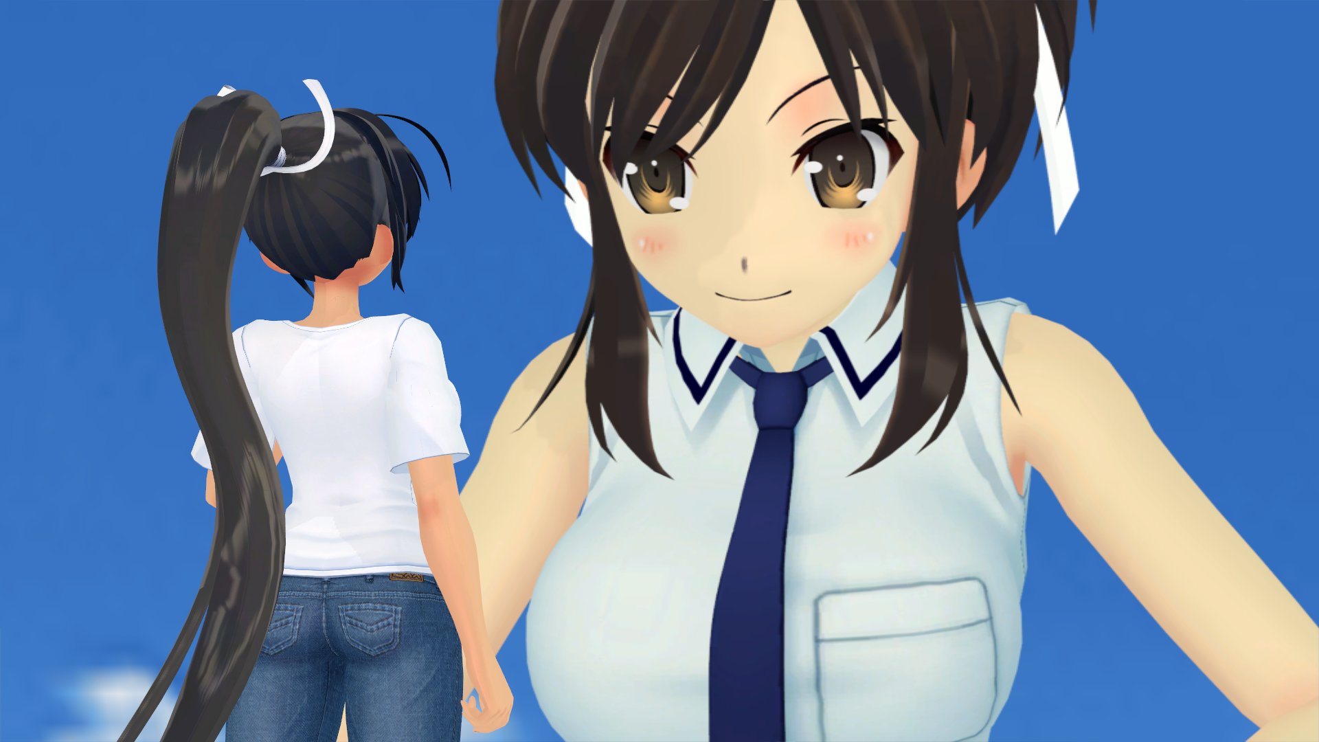 asuka (senran kagura), homura (senran kagura), senran kagura, tomodachi life, tomodachi life: living the dream, commentary, english commentary, highres, 2girls, 3d, black hair, blue pants, blue sky, blush, breasts, brown eyes, dark-skinned female, dark skin, day, denim, did you want to talk? (meme), flybytails, giant, giantess, high ponytail, jeans, large breasts, long hair, meme, multiple girls, necktie, outdoors, pants, ponytail, shirt, sidelocks, size difference, sky, sleeveless, sleeveless shirt, t-shirt, very long hair, white shirt