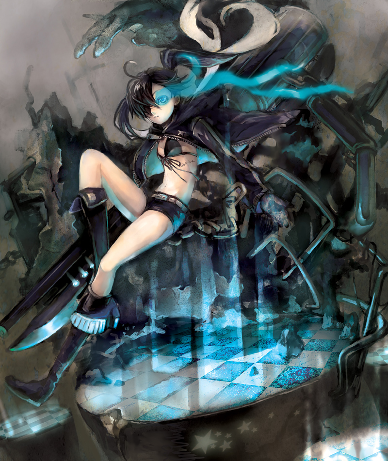 hoshikako (koz), black rock shooter (character), black rock shooter, vocaloid, bad id, bad pixiv id, 10s, 1girl, arm cannon, belt, bikini, bikini top only, black hair, blue eyes, boots, chain, checkered floor, coat, female focus, flat chest, front-tie top, glowing, glowing eyes, long hair, midriff, navel, scar, shorts, solo, swimsuit, sword, twintails, weapon