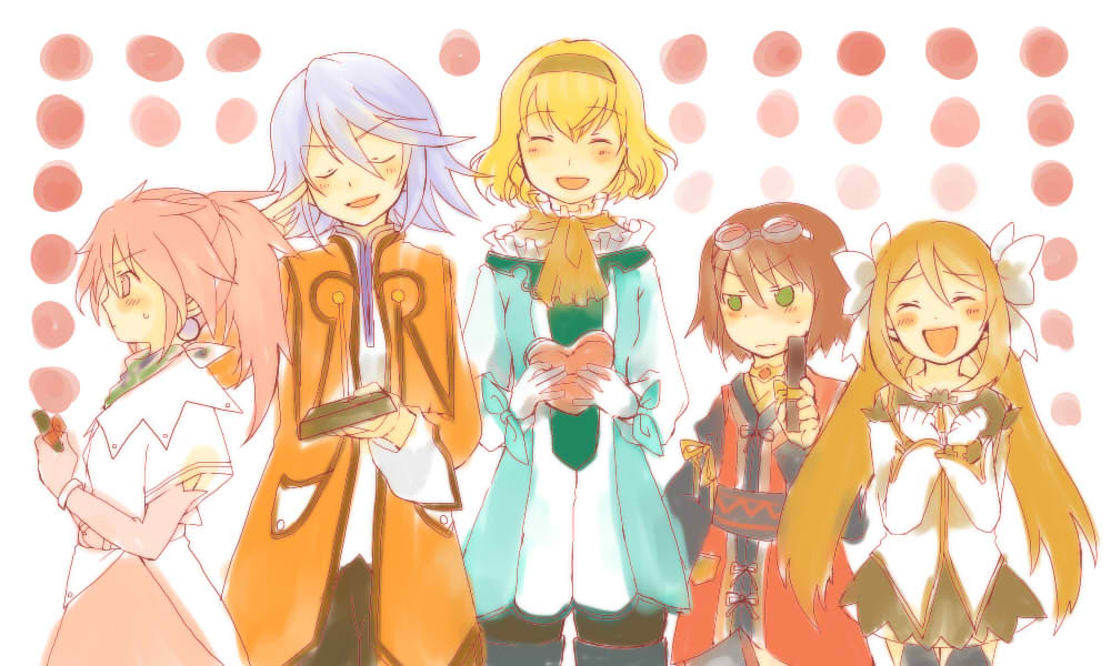 ppsp0305, arche klein, marta lualdi, natalia luzu kimlasca lanvaldear, raine sage, rita mordio, tales of (series), tales of phantasia, tales of symphonia, tales of symphonia: dawn of the new world, tales of the abyss, tales of vesperia, silver hair, 00s, 5girls, ascot, blonde hair, blush, brown hair, crossover, flower, gloves, goggles, green eyes, hair ornament, hairband, in-franchise crossover, long hair, multiple girls, orange ascot, pantyhose, pink eyes, pink hair, ponytail, scarf, short hair, smile