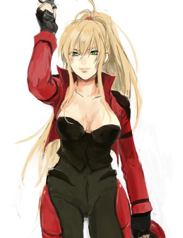 yamakawa (sato), yamakawa umi, cal devens, phantom of inferno, bad id, bad pixiv id, 1girl, blonde hair, breasts, cleavage, female focus, fingerless gloves, gloves, green eyes, large breasts, solo