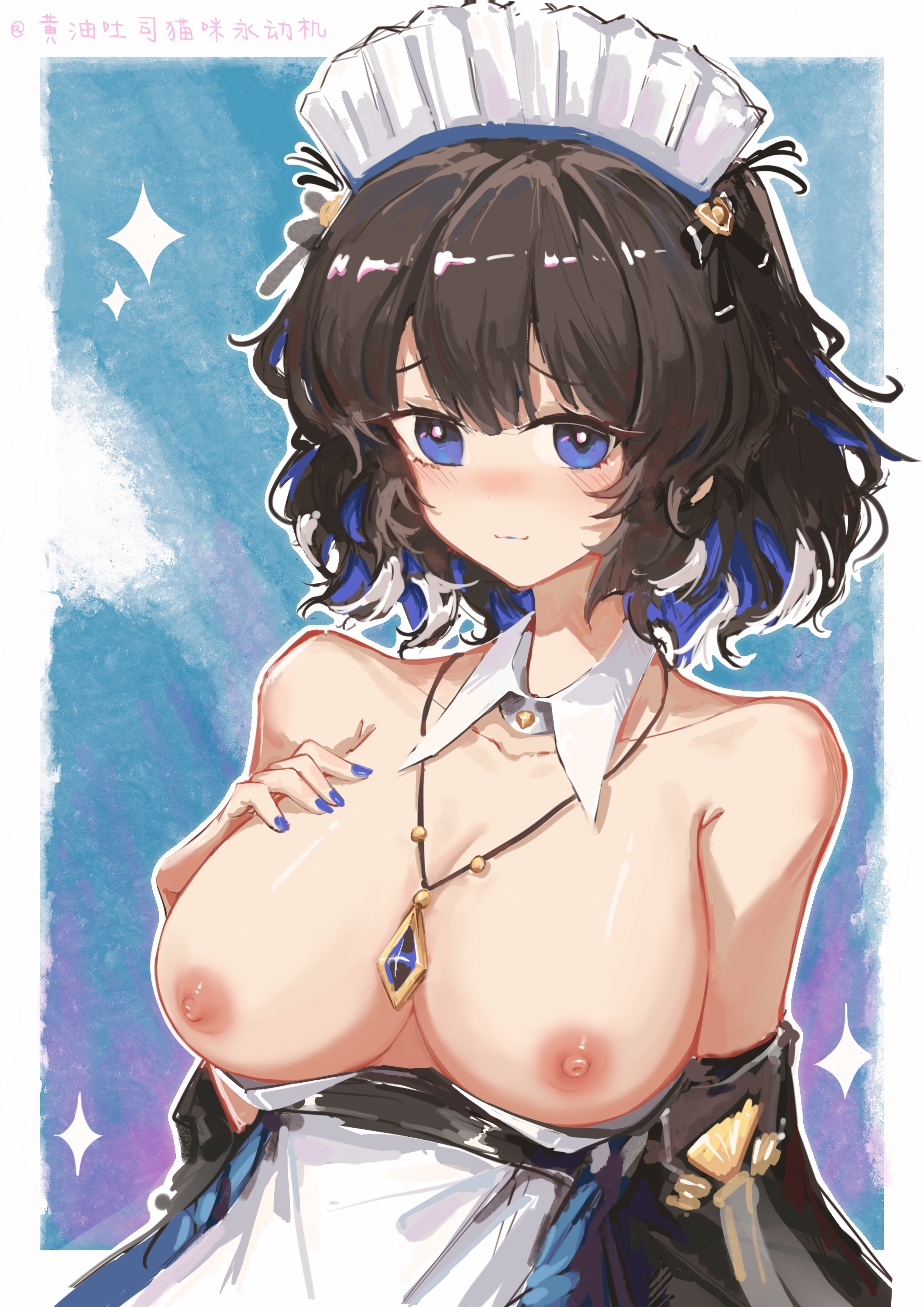 huangyou, kjera (arknights), kjera (ingenious servant) (arknights), arknights, absurdres, commentary request, highres, 1girl, armpit crease, blue eyes, blue hair, blue nails, blush, breasts, breasts out, bright pupils, brown hair, clothes pull, detached collar, detached sleeves, dress, dress pull, embarrassed, hand on own chest, jewelry, large breasts, looking at viewer, maid, maid headdress, multicolored hair, nail polish, nipples, nose blush, official alternate costume, pendant, raised inner eyebrows, short hair, solo, strapless, strapless dress, streaked hair, topless female, two-tone hair, upper body, wavy mouth, white dress