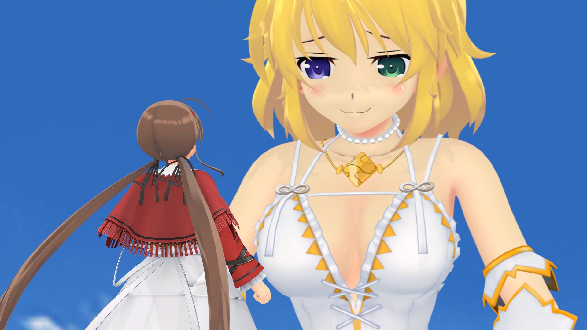 ryoubi (senran kagura), ryouna (senran kagura), senran kagura, commentary, english commentary, highres, 2girls, 3d, blonde hair, blue eyes, blue sky, breasts, brown hair, day, did you want to talk? (meme), flybytails, giant, giantess, green eyes, large breasts, meme, multiple girls, outdoors, short hair, siblings, sisters, size difference, sky, twins