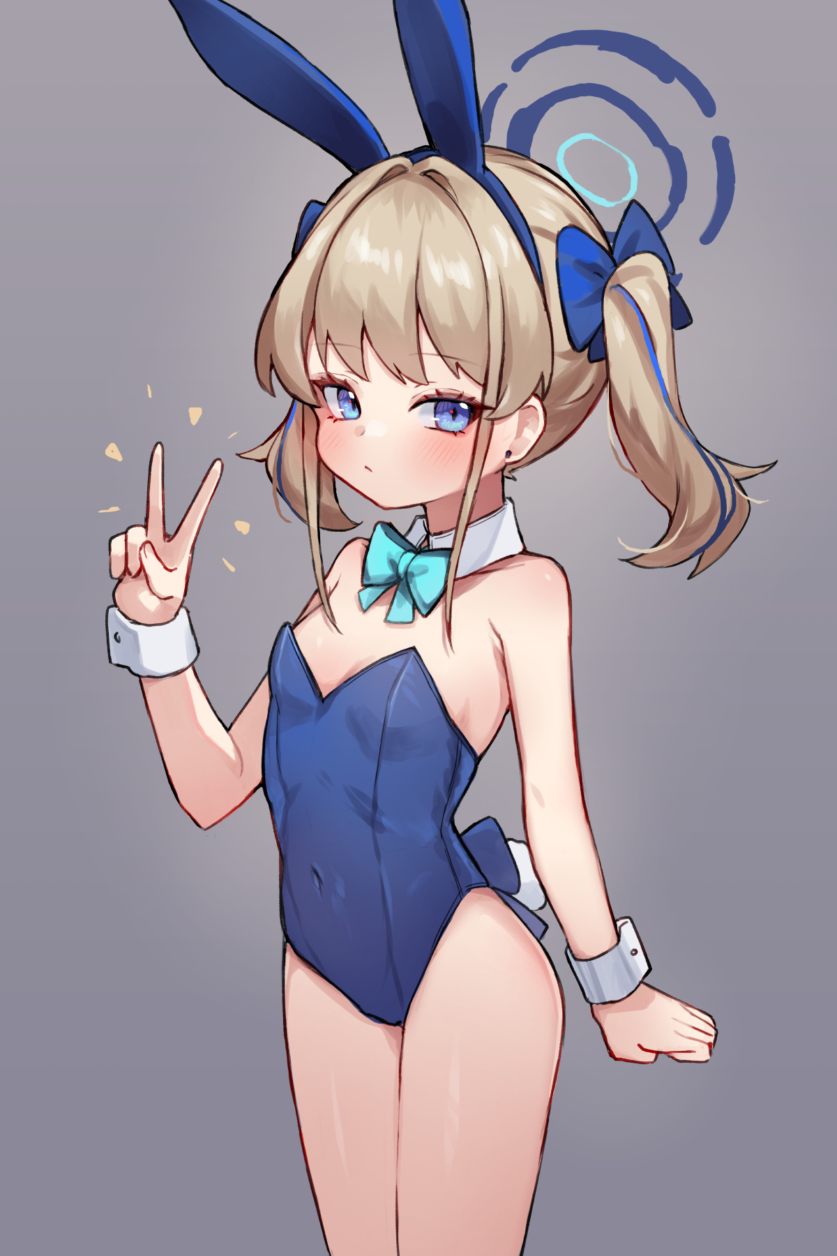 miya (miyaruta), toki (blue archive), toki (bunny) (blue archive), blue archive, commentary, highres, 1girl, aged down, alternate breast size (smaller), alternate hairstyle, animal ear hairband, animal ears, blue bow, blue bowtie, blue eyes, blue hair, blue halo, blue leotard, blush, bow, bowtie, breasts, brown hair, closed mouth, covered navel, detached collar, fake animal ears, fake tail, grey background, hairband, halo, highleg, highleg leotard, leotard, looking at viewer, multicolored hair, official alternate costume, playboy bunny, rabbit ear hairband, rabbit ears, rabbit tail, short hair, simple background, small breasts, solo, strapless, strapless leotard, streaked hair, tail, twintails, v, white wrist cuffs, wrist cuffs