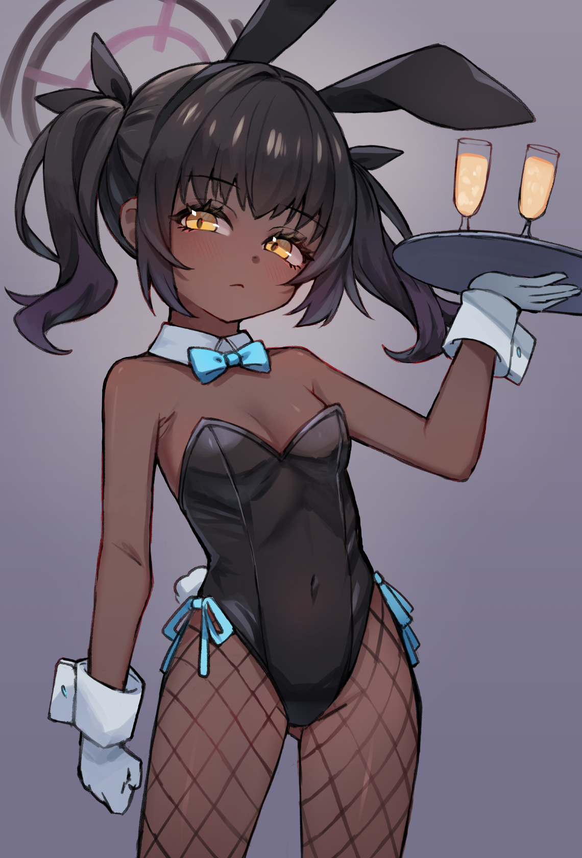 miya (miyaruta), karin (blue archive), karin (bunny) (blue archive), blue archive, commentary, highres, 1girl, aged down, alternate breast size (smaller), alternate hairstyle, animal ear hairband, animal ears, black hair, black leotard, black pantyhose, black ribbon, blue bow, blue bowtie, blush, bow, bowtie, breasts, champagne flute, closed mouth, cup, dark-skinned female, dark skin, detached collar, drinking glass, fake animal ears, fake tail, fishnet pantyhose, fishnets, gloves, gradient hair, grey background, hair ribbon, hairband, halo, highleg, highleg leotard, holding, holding tray, leotard, looking at viewer, multicolored hair, official alternate costume, pantyhose, playboy bunny, purple hair, purple halo, rabbit ear hairband, rabbit ears, rabbit tail, ribbon, side-tie leotard, simple background, small breasts, solo, strapless, strapless leotard, tail, tray, twintails, white gloves, white wrist cuffs, wrist cuffs, yellow eyes