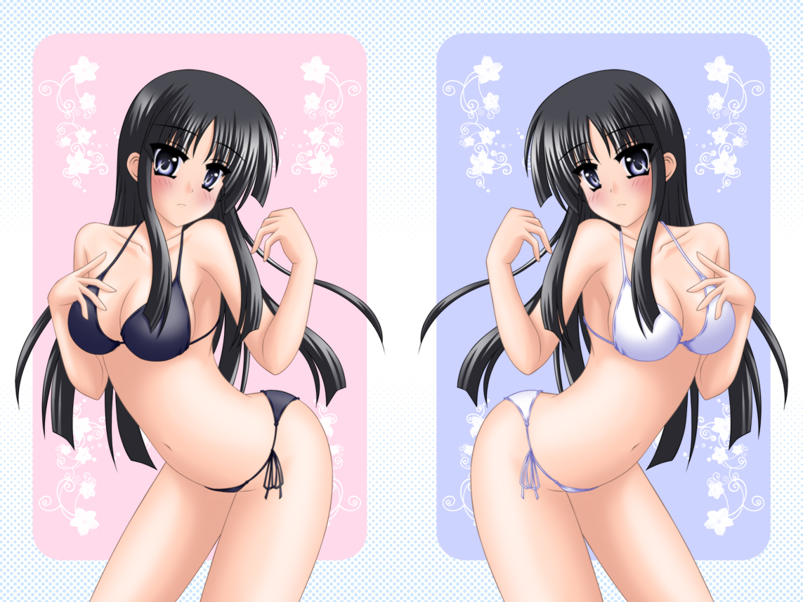 moeru osaru, akiyama mio, k-on!, 00s, bikini, black bikini, black eyes, black hair, clone, dual persona, long hair, side-tie bikini bottom, swimsuit, symmetry, white bikini