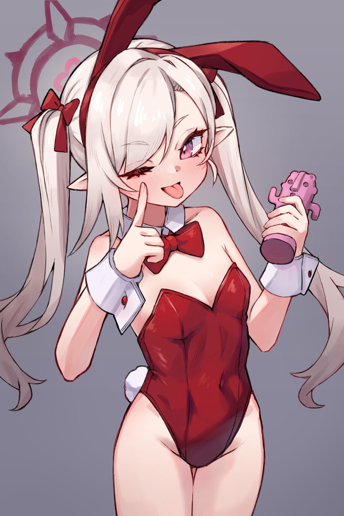 miya (miyaruta), mutsuki (blue archive), blue archive, commentary, highres, 1girl, alternate costume, alternate hairstyle, animal ear hairband, animal ears, blush, bow, bowtie, breasts, closed mouth, detached collar, fake animal ears, fake tail, grey background, grey hair, groin, hair bow, hairband, halo, haniwa (statue), highleg, highleg leotard, holding, leotard, long hair, looking at viewer, one eye closed, pink eyes, playboy bunny, pointy ears, purple eyes, purple halo, rabbit ear hairband, rabbit ears, rabbit tail, red bow, red bowtie, red leotard, simple background, small breasts, solo, strapless, strapless leotard, tail, tongue, tongue out, twintails, white wrist cuffs, wrist cuffs
