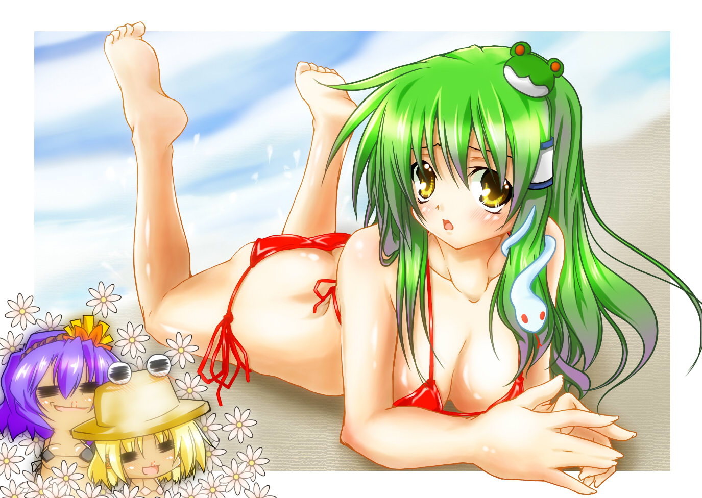 harushioto, haruyonoto, kochiya sanae, moriya suwako, yasaka kanako, touhou, 3girls, ass, barefoot, bikini, blood, breasts, feet, female focus, green hair, multiple girls, nosebleed, outdoors, plant, side-tie bikini bottom, sky, swimsuit, yellow eyes