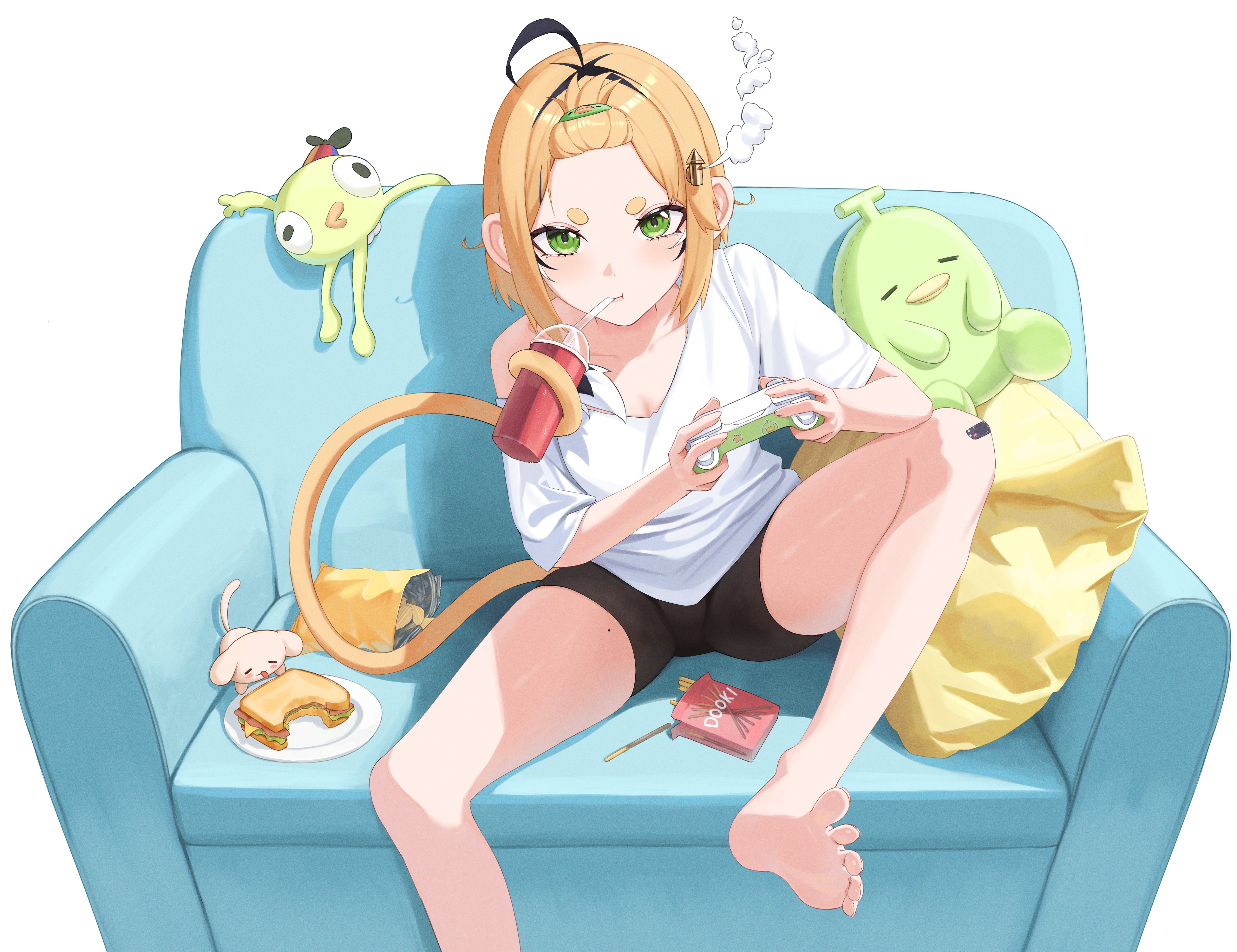 yubbiidraw, dooby, indie virtual youtuber, absurdres, highres, 1girl, ahoge, bandaid, bandaid on knee, bandaid on leg, bare legs, barefoot, bike shorts, bing bong (peak), blonde hair, blush, breasts, chips (food), cleavage, collarbone, controller, couch, cup, drinking straw, feet, food, foot out of frame, forehead, game controller, grey background, hair ornament, hairclip, holding, holding controller, holding game controller, legs, looking at viewer, mole, mole on thigh, mouth hold, on couch, pillow, plate, pocky, potato chips, sandwich, shirt, short eyebrows, short hair, short sleeves, simple background, single off shoulder, sitting, soles, spread toes, stuffed animal, stuffed toy, t-shirt, thick eyebrows, toes, v-shaped eyebrows, virtual youtuber