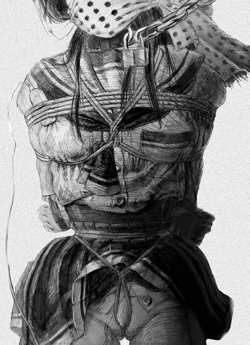 itou tatsuya, arms behind back, bdsm, black hair, bondage, bound, box tie, breast bondage, breasts, chain, cloth gag, clothes lift, collar, crotch rope, gag, gagged, head out of frame, improvised gag, lock, long hair, monochrome, panties, rope, school uniform, sex toy, shibari, skirt, skirt lift, slave, underwear, vibrator