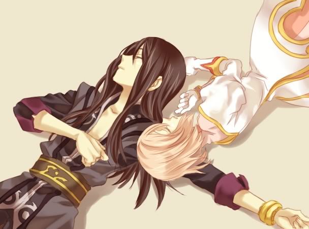 miho (mi), estellise sidos heurassein, yuri lowell, tales of (series), tales of vesperia, 00s, 1boy, 1girl, black hair, bracelet, closed eyes, gloves, jewelry, long hair, pink hair, short hair, simple background, sleeping, sleeves rolled up