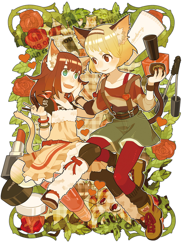 haruo (clownberry), original, bad id, bad pixiv id, 2girls, blonde hair, blush, brown eyes, brown hair, cosmetics, dress, fang, green eyes, hairband, leg warmers, lipstick, lipstick tube, long hair, loose socks, makeup, mascara, multiple girls, short hair, skirt, socks, suspenders, tail