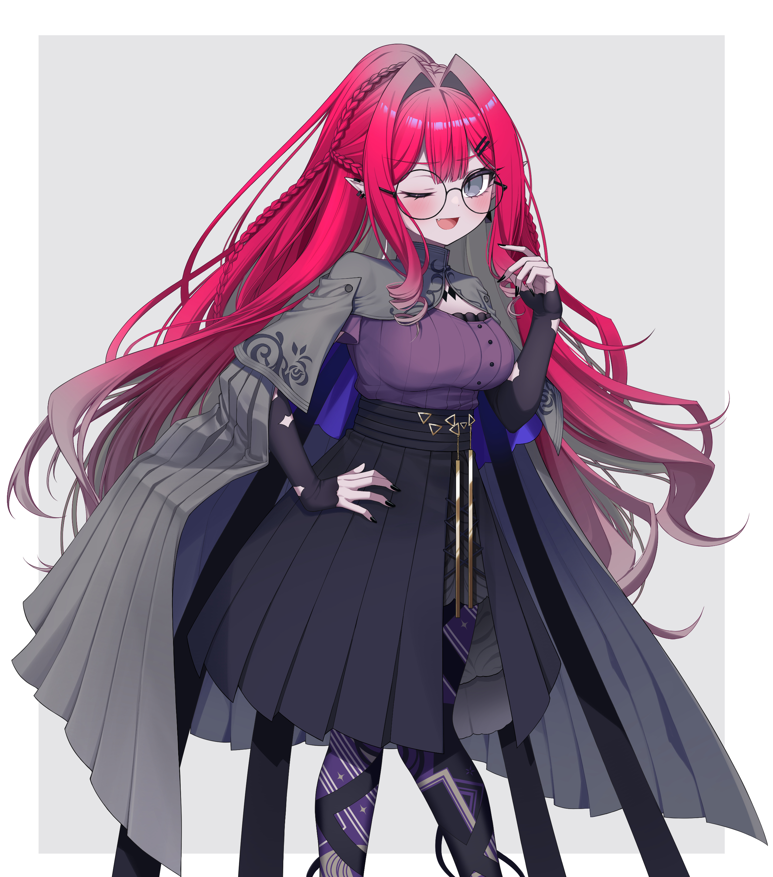 hoshino reiji, baobhan sith (fate), baobhan sith (swimsuit pretender) (second ascension) (fate), fate/grand order, fate (series), absurdres, commentary request, highres, 1girl, black skirt, blush, breasts, capelet, glasses, grey capelet, grey eyes, hand on own hip, hands up, long hair, open mouth, pantyhose, pink hair, pointy ears, purple pantyhose, purple shirt, round eyewear, shirt, sidelocks, skirt, smile, solo, white background