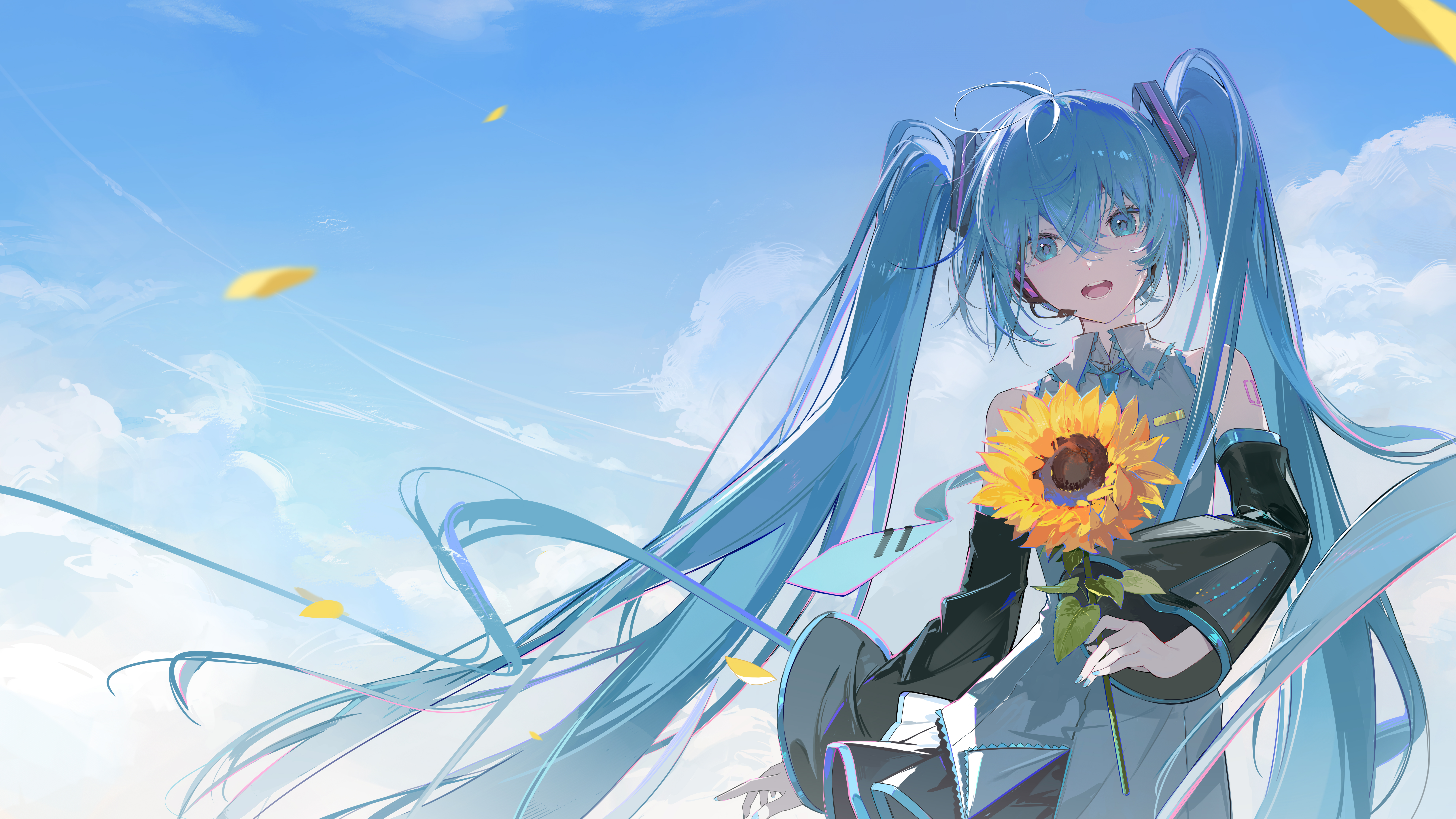 su ran (bilibili 18604428), hatsune miku, vocaloid, absurdres, chinese commentary, commentary request, highres, 1girl, aqua eyes, aqua hair, aqua necktie, bare shoulders, black skirt, black sleeves, blue nails, blue sky, cloud, cloudy sky, collared shirt, detached sleeves, fingernails, floating hair, floating neckwear, flower, frilled shirt, frills, grey shirt, hair between eyes, headset, holding, holding flower, long hair, long sleeves, looking at viewer, multi-source commentary, nail polish, necktie, number tattoo, open mouth, shirt, shoulder tattoo, skirt, sky, sleeveless, sleeveless shirt, smile, solo, sunflower, tattoo, teeth, twintails, very long hair, wide sleeves, wind